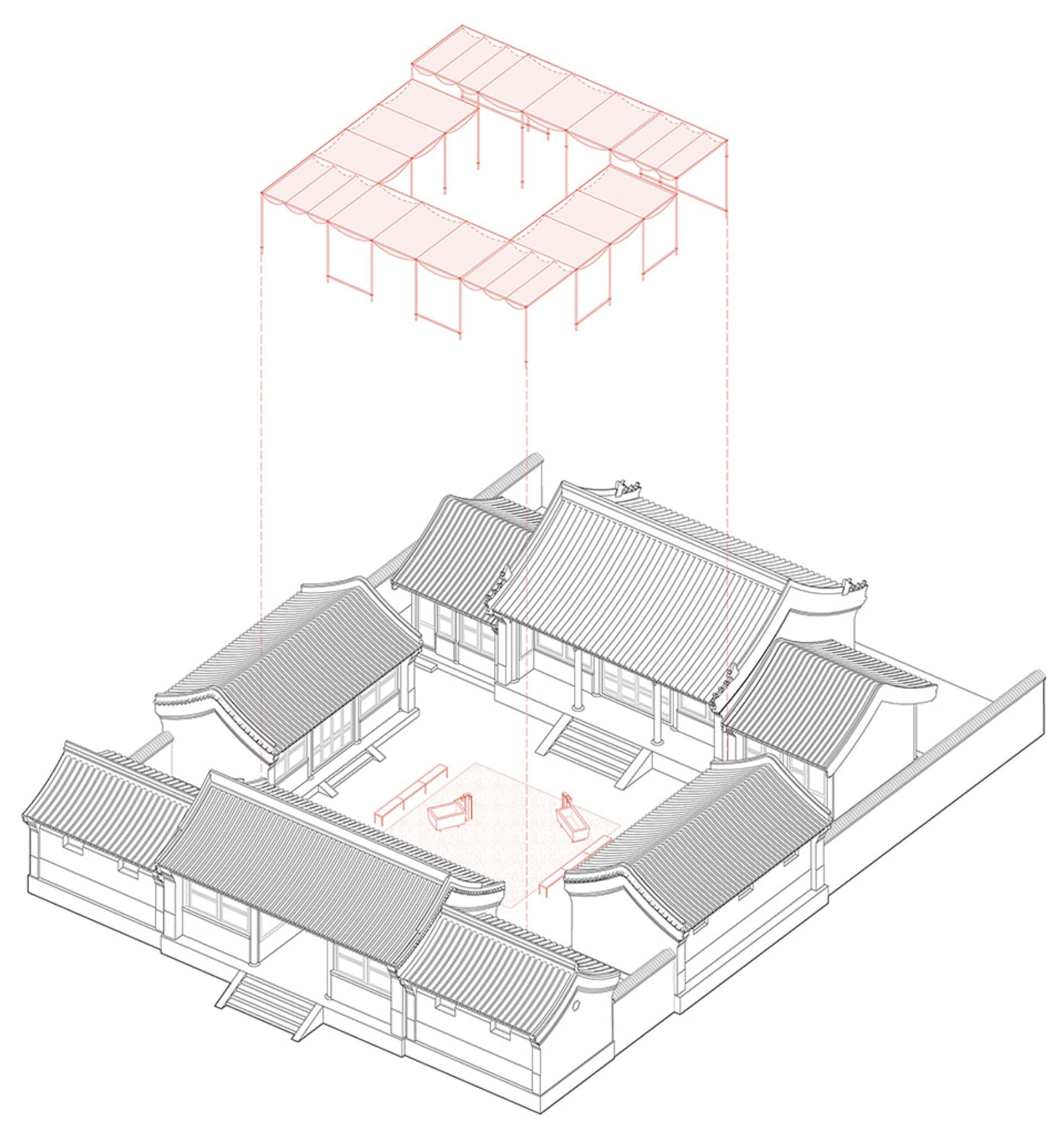 Detailed architectural blueprint of a traditional Chinese building with a central courtyard and multiple rooms.