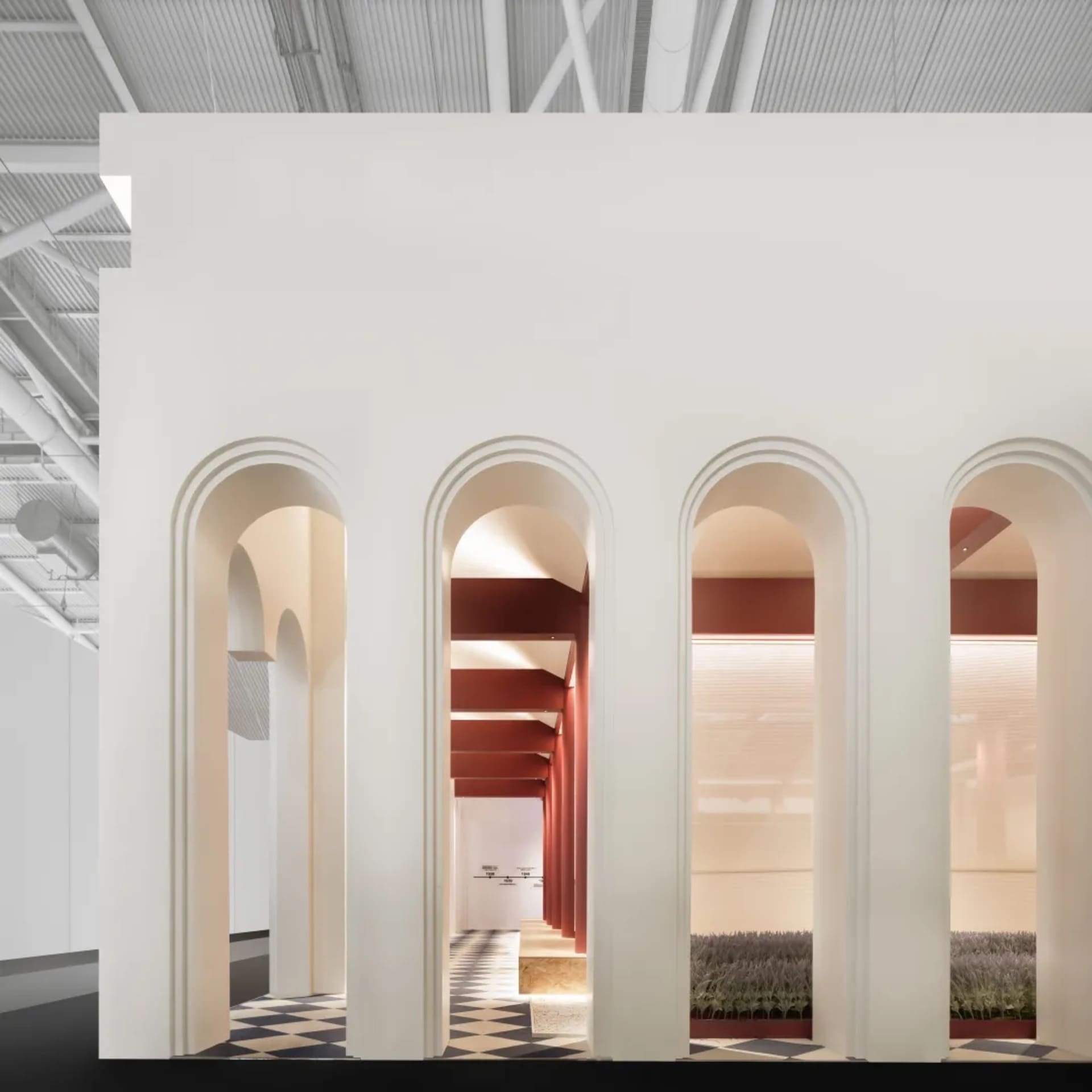 Industrial-style architecture with concrete and steel elements.