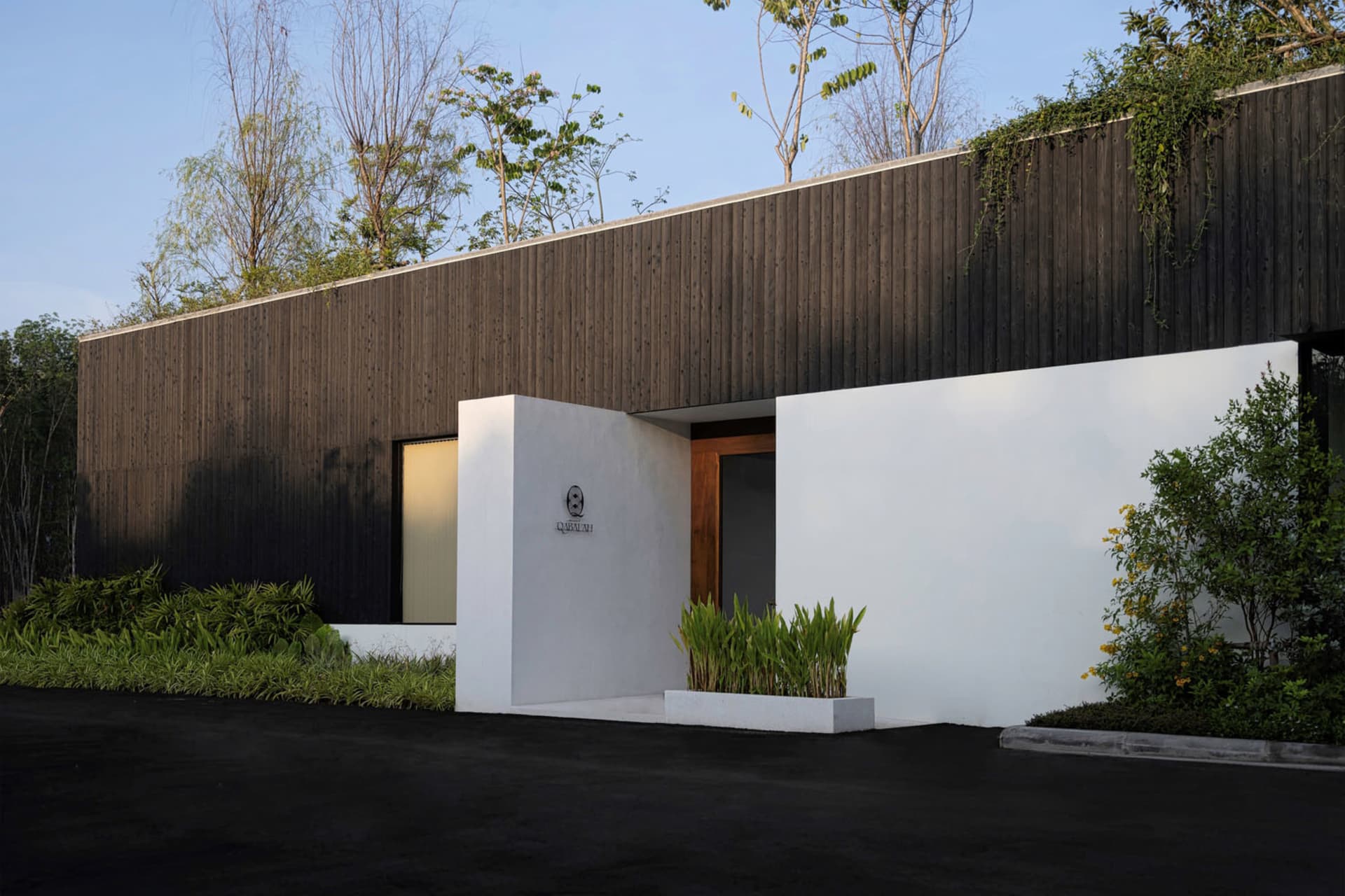Modern entryway with wooden and concrete materials, surrounded by greenery.