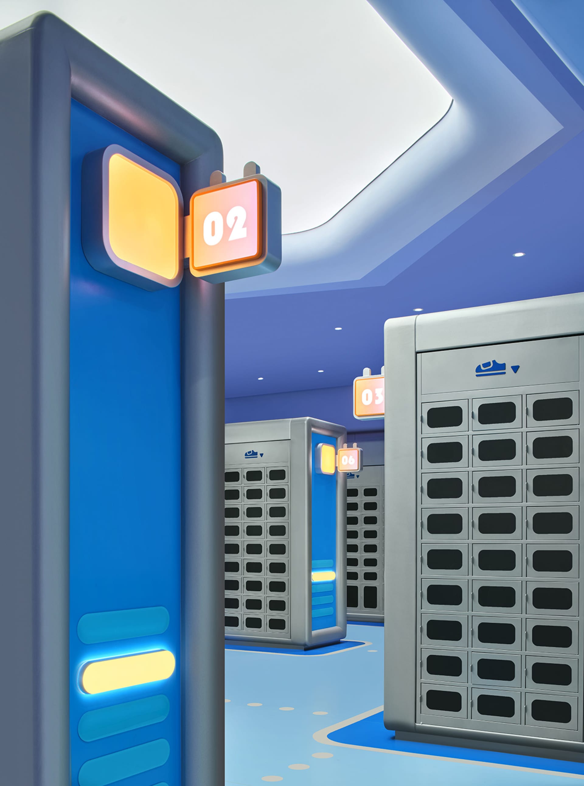 Blue and silver self-service lockers with numerical indicators in a retail setting.