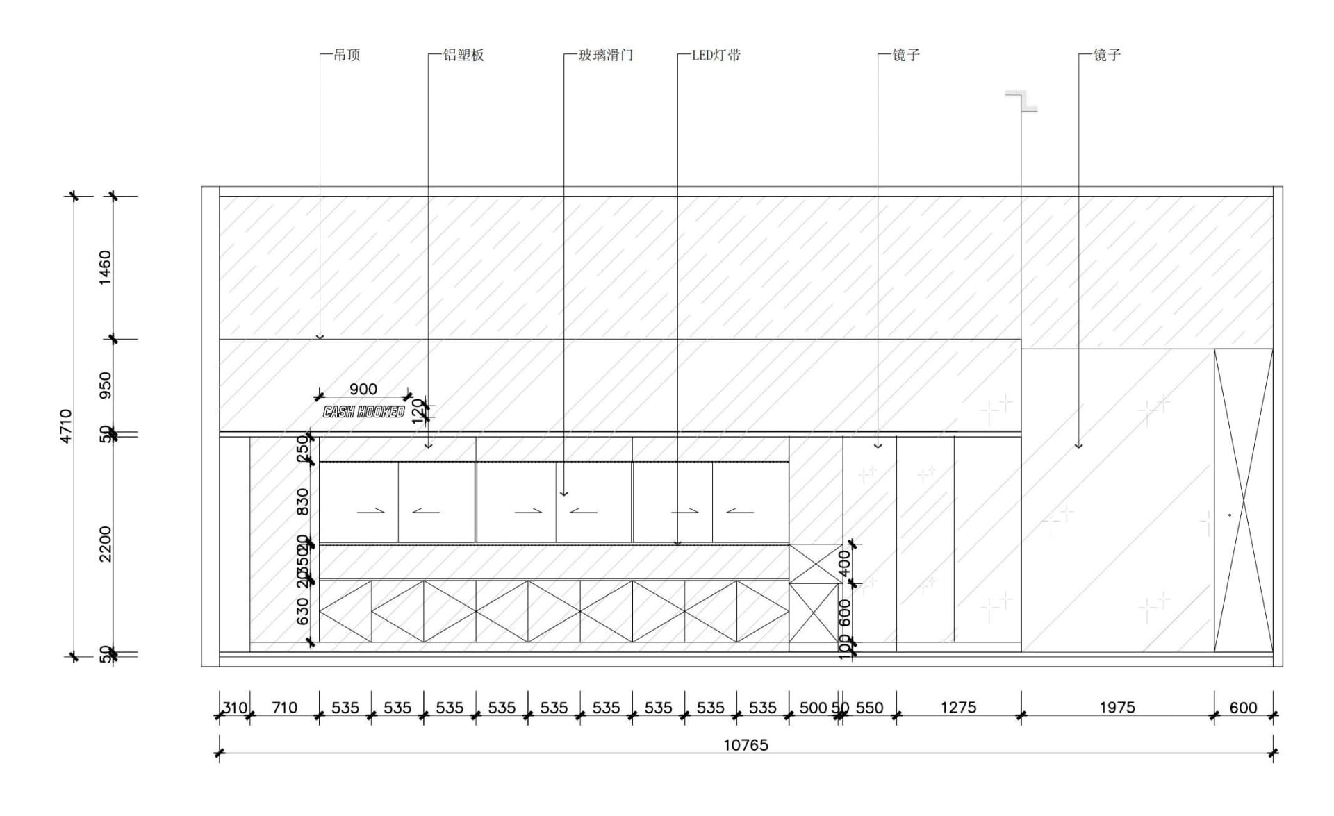 2D architectural drawing of a modern retail storefront with glass sliding doors and a glass wall.