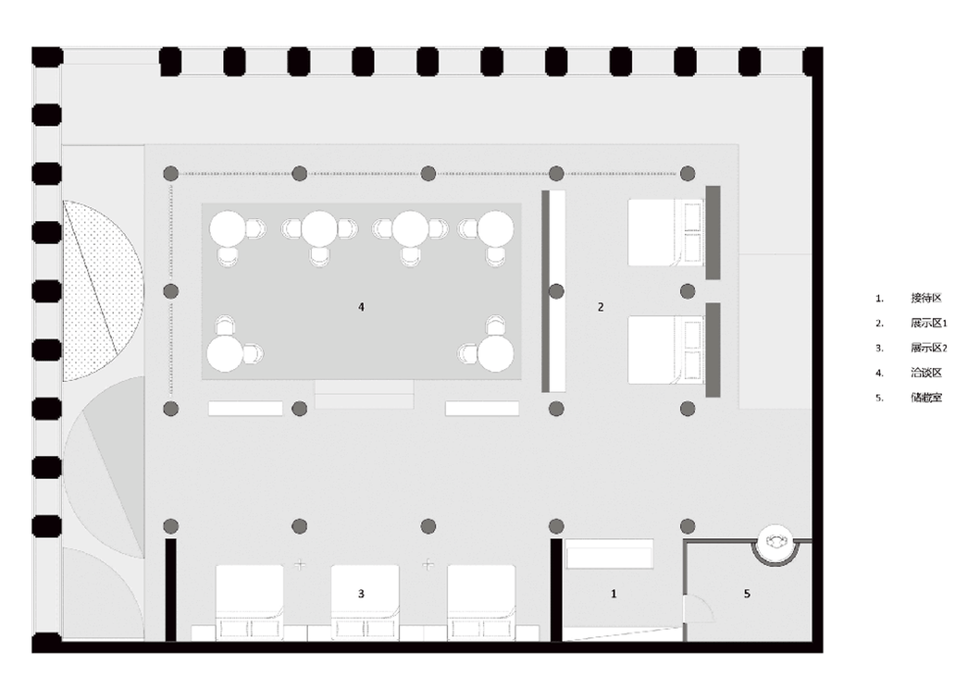 a 3D-rendered office layout floor plan showing different zones such as 1. Reception, 2. Display Zone 1, 3. Display Zone 2, 4.