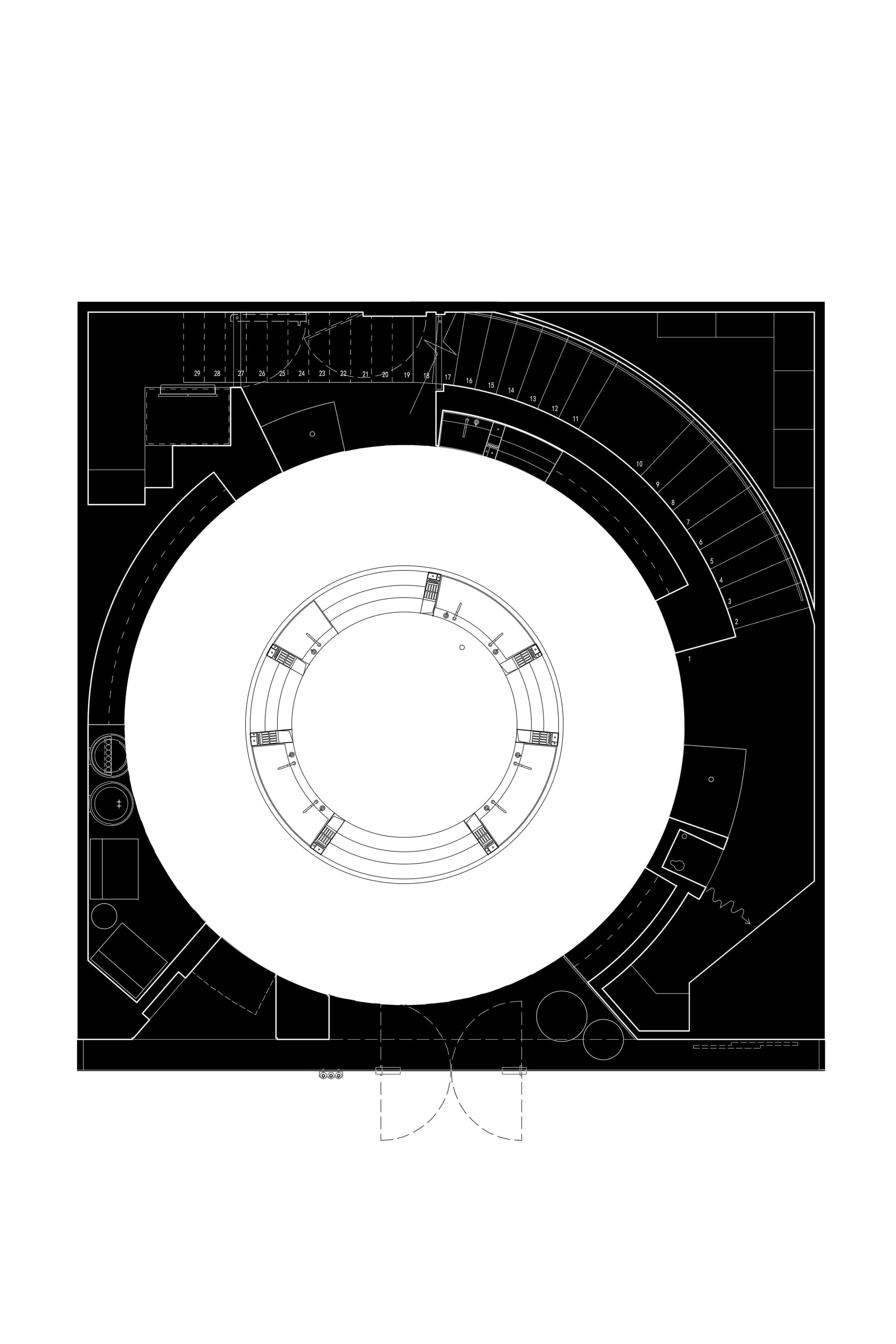 競技場的詳細2D建築圖,中央有圓形穹頂,周圍設有觀眾席區域。
