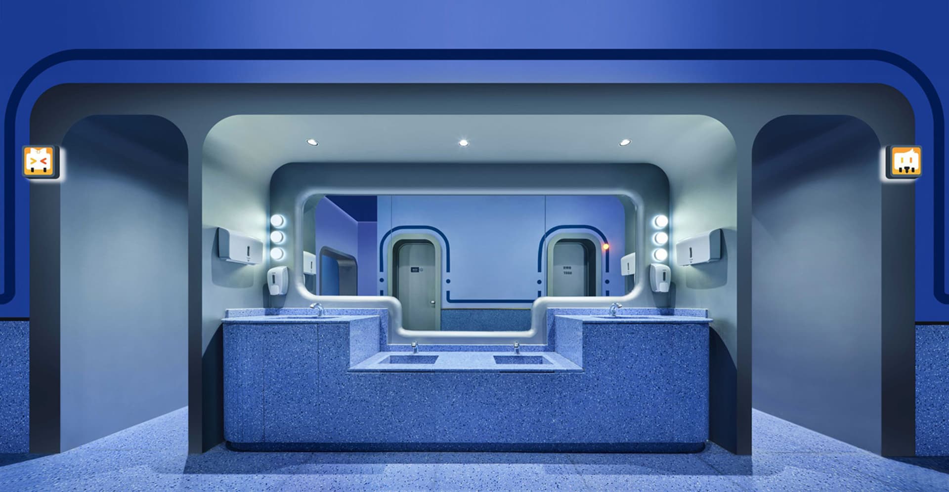 A modern bathroom with granite countertops and sleek design features.
