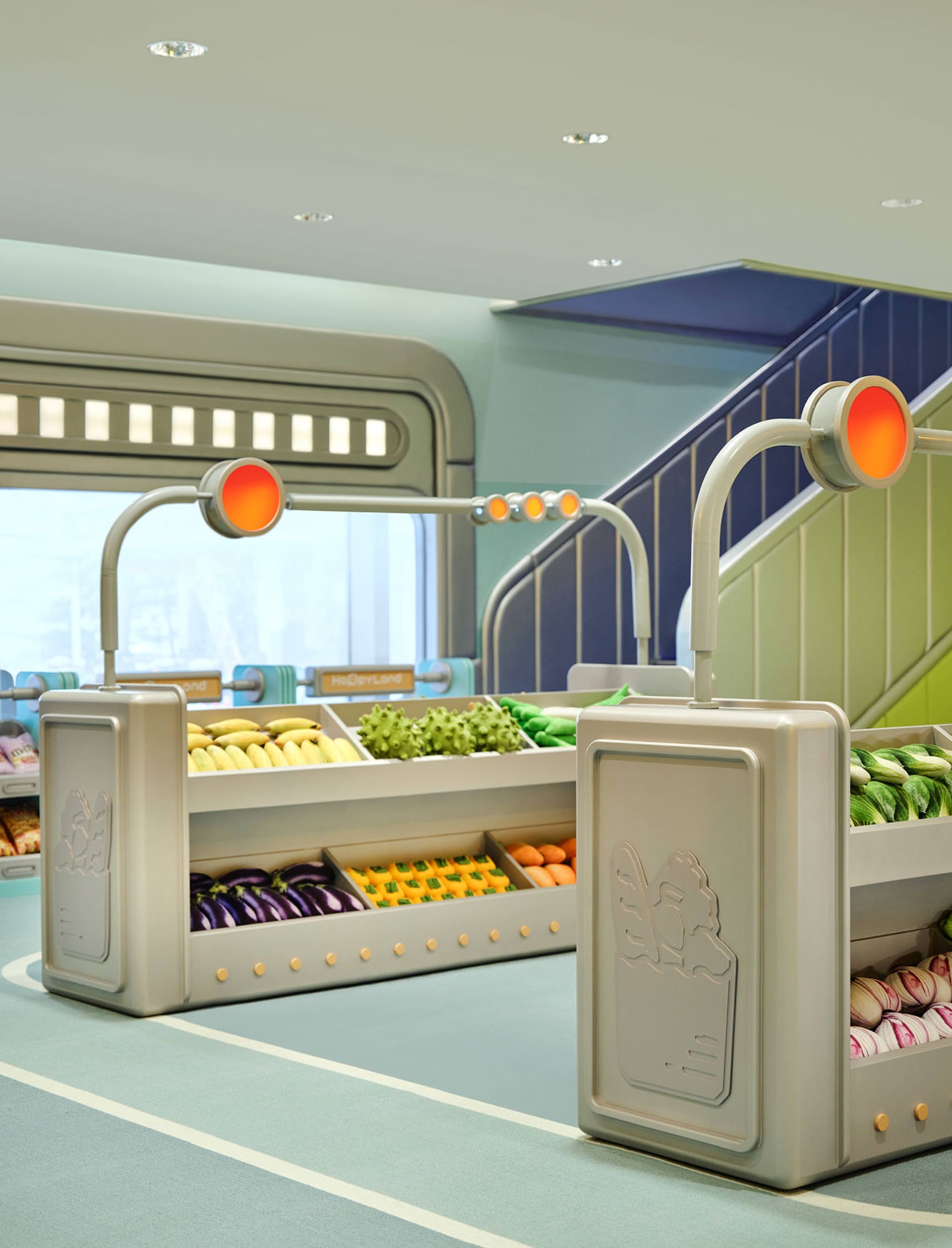A modern retail space featuring metal shelving units.