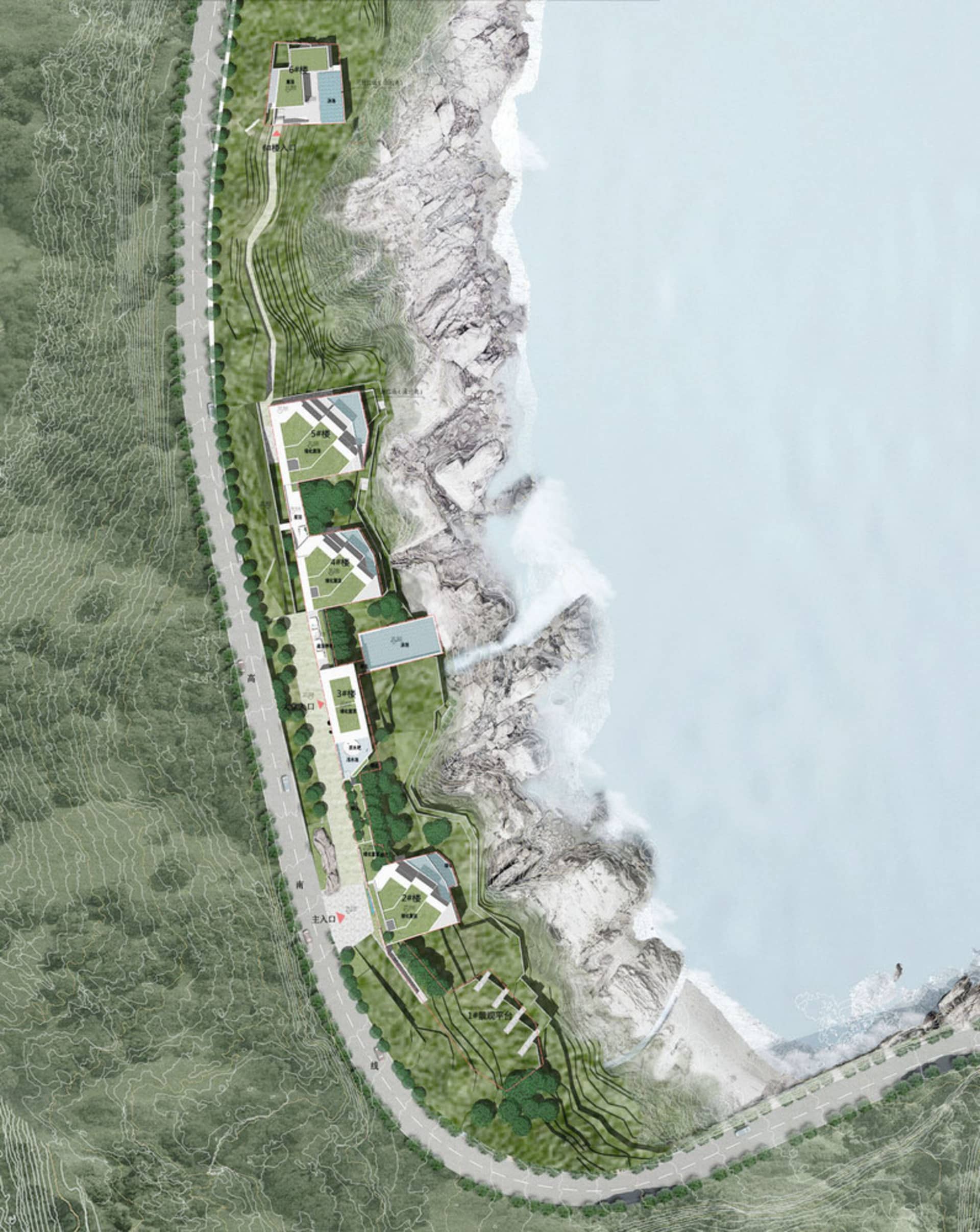 俯瞰海濱懸崖上的多棟住宅開發案。