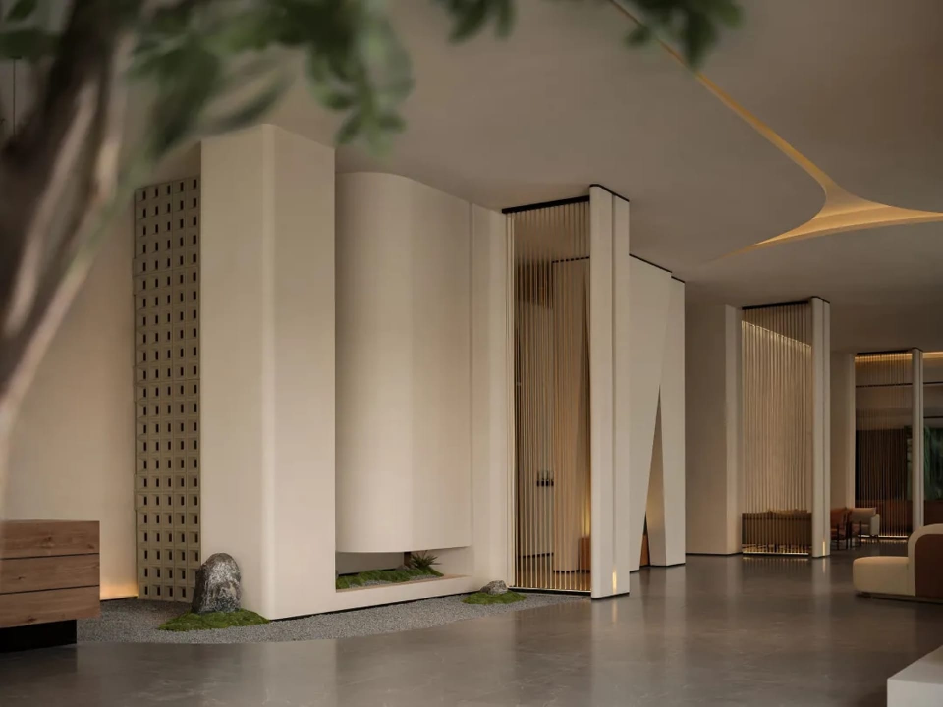 Modern lobby featuring concrete elements for a sleek and contemporary aesthetic.