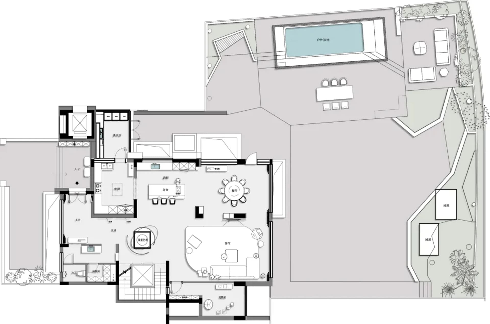 Floor plan of a modern house with living room, kitchen, bedrooms, bathrooms, and outdoor area with swimming pool and garden.