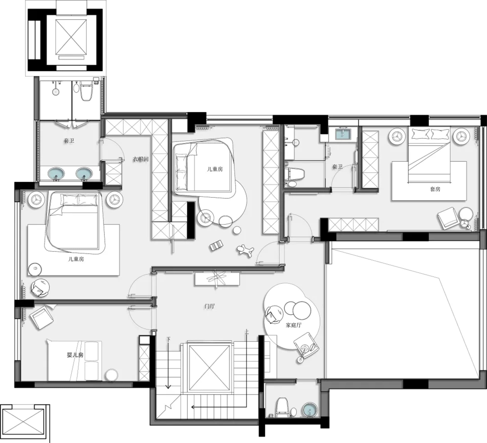A detailed, 2D architectural drawing of a modern interior design floor plan made of white paper.
