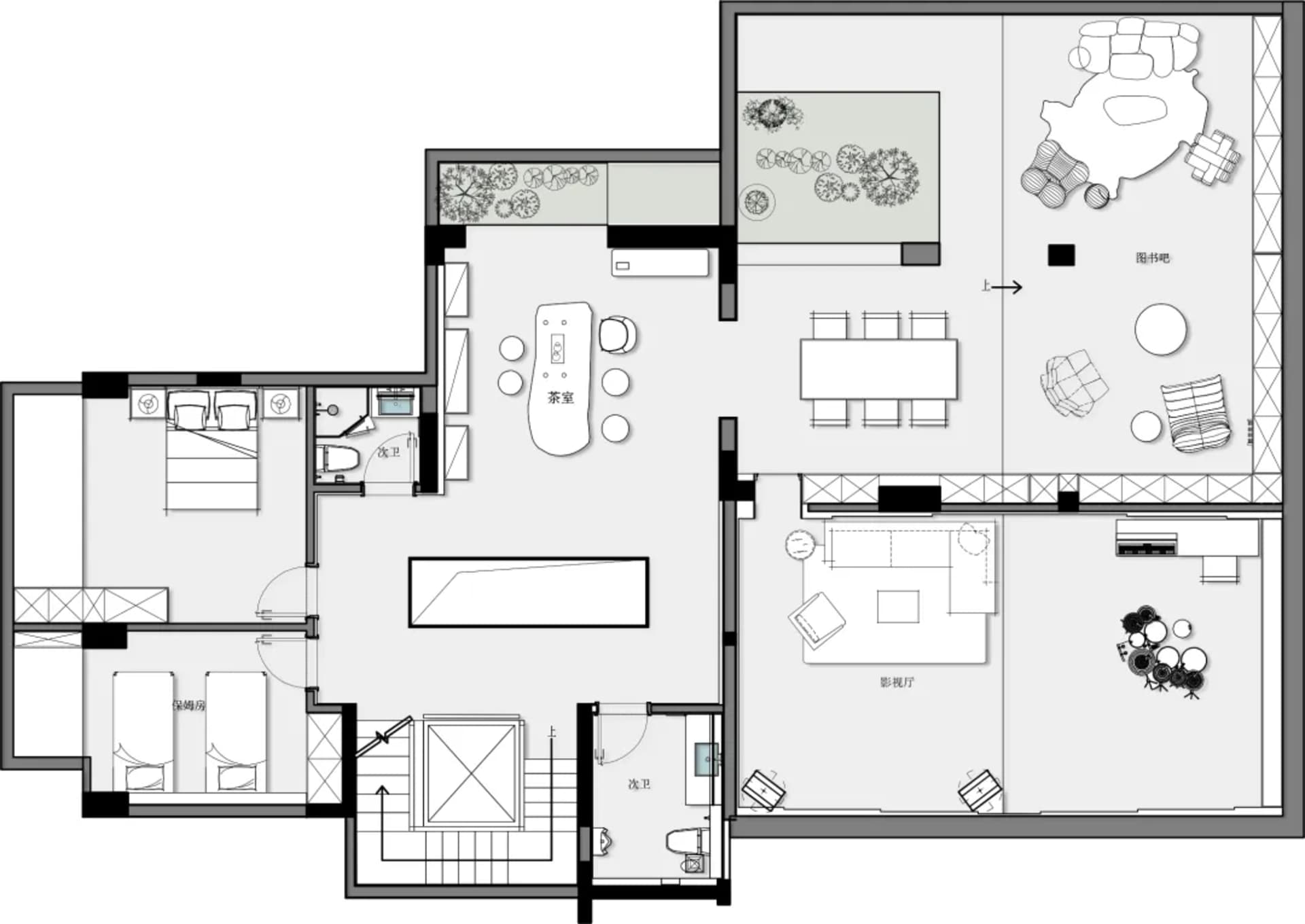 Design drawing of a modern residential floor plan with living, dining, and bedroom areas.