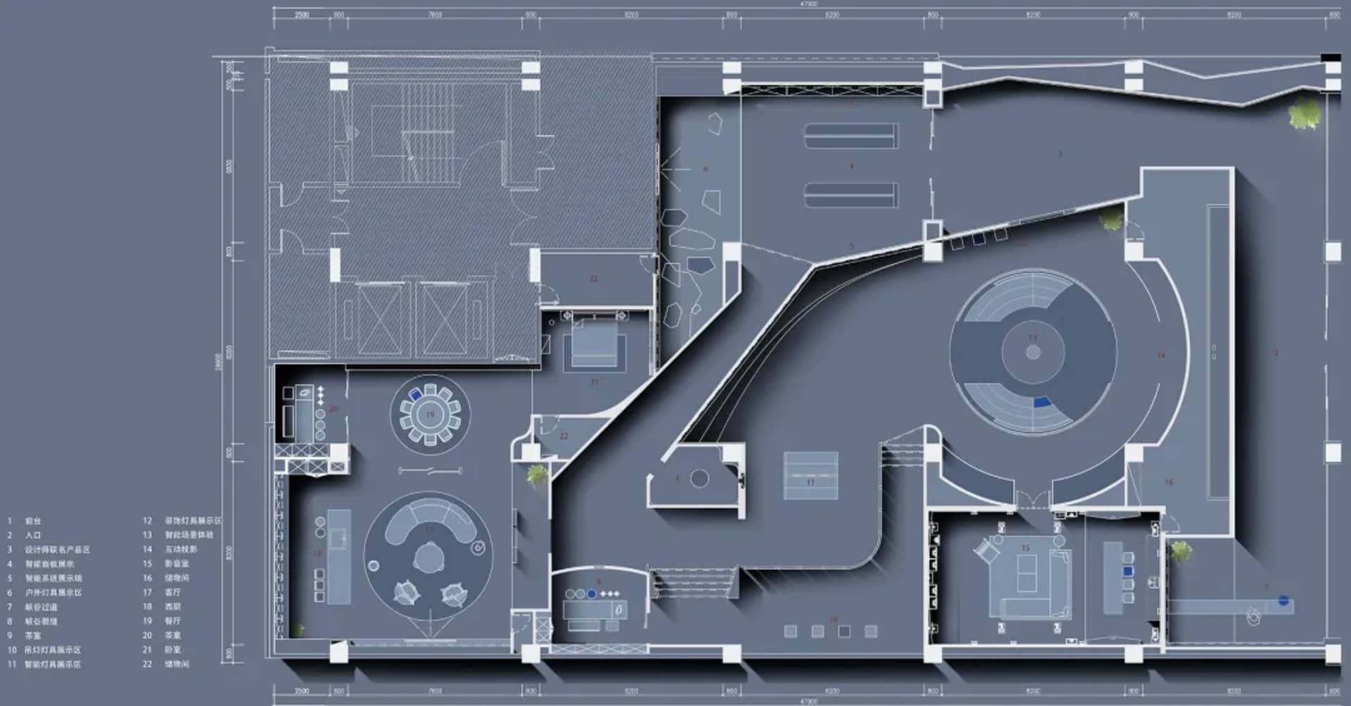 一張詳細的黑白建築平面圖,呈現現代辦公室室內空間,包含開放式工作站、C