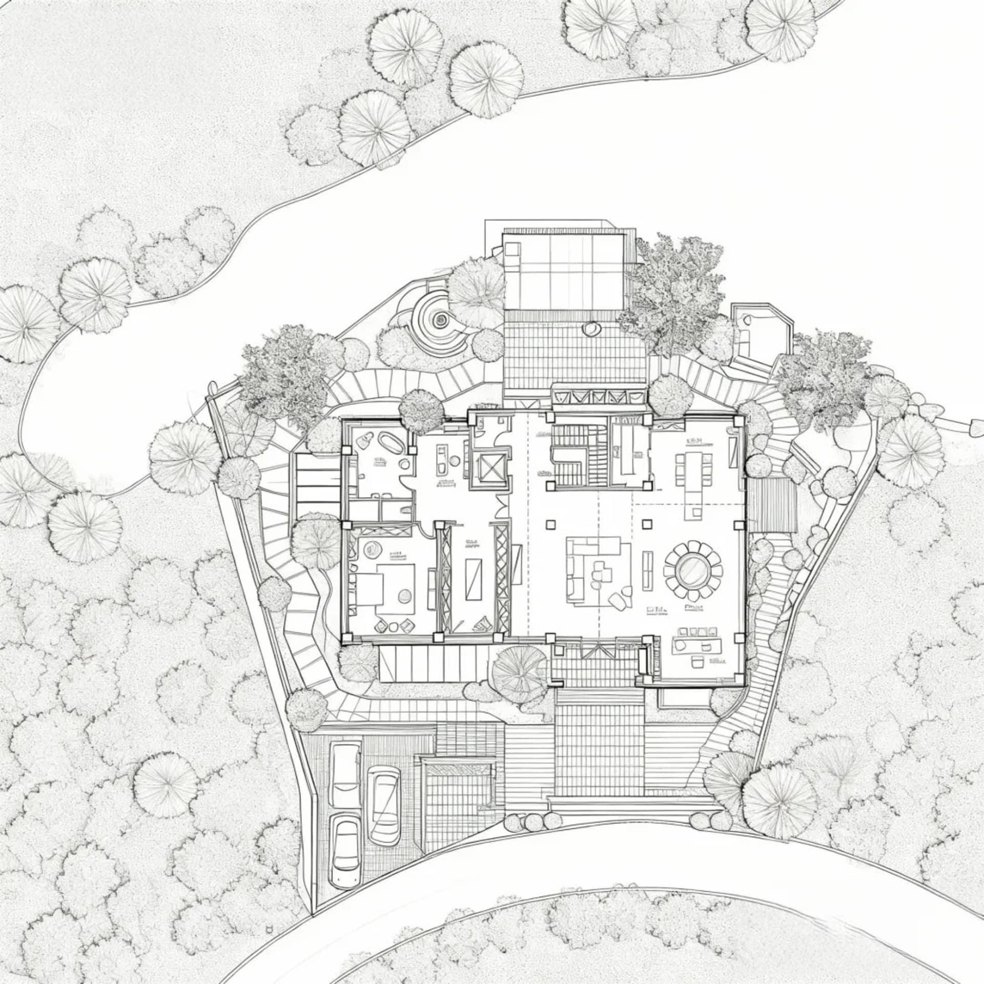 Detailed 2D drawing of a modern residential floor plan, showcasing contemporary design elements and layout.