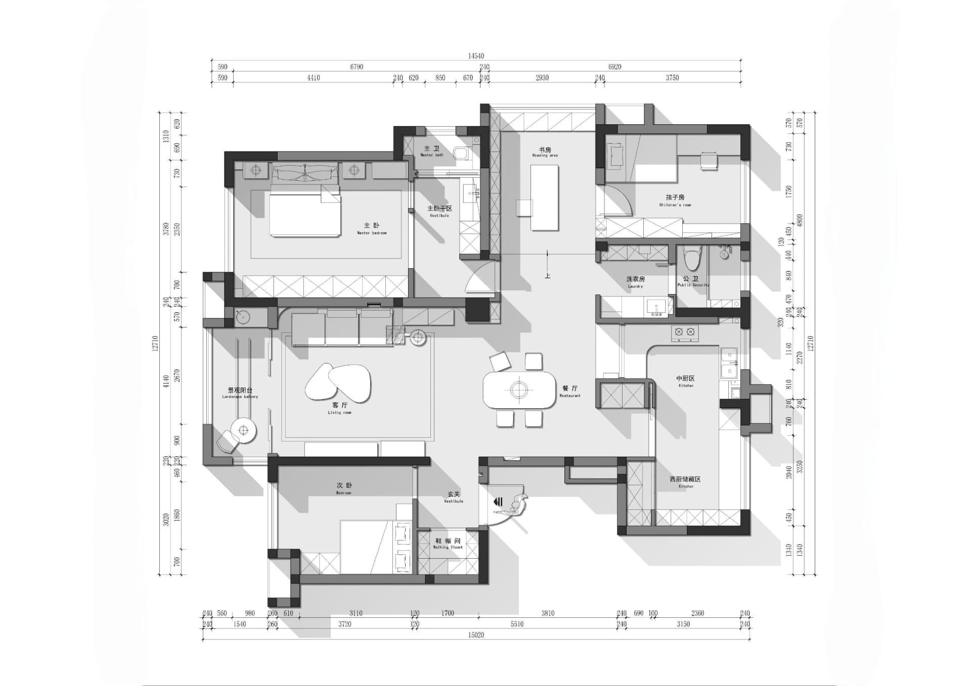 Modern residential floor plan showing living room, kitchen, bathroom, bedrooms, and hallway.