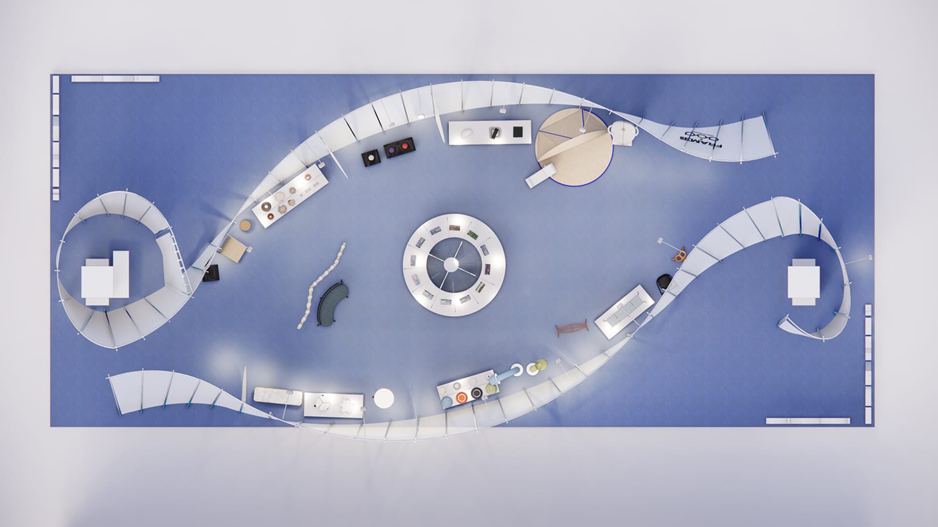 An overhead view of an industrial design exhibition floor plan, showcasing various booths and walkways.