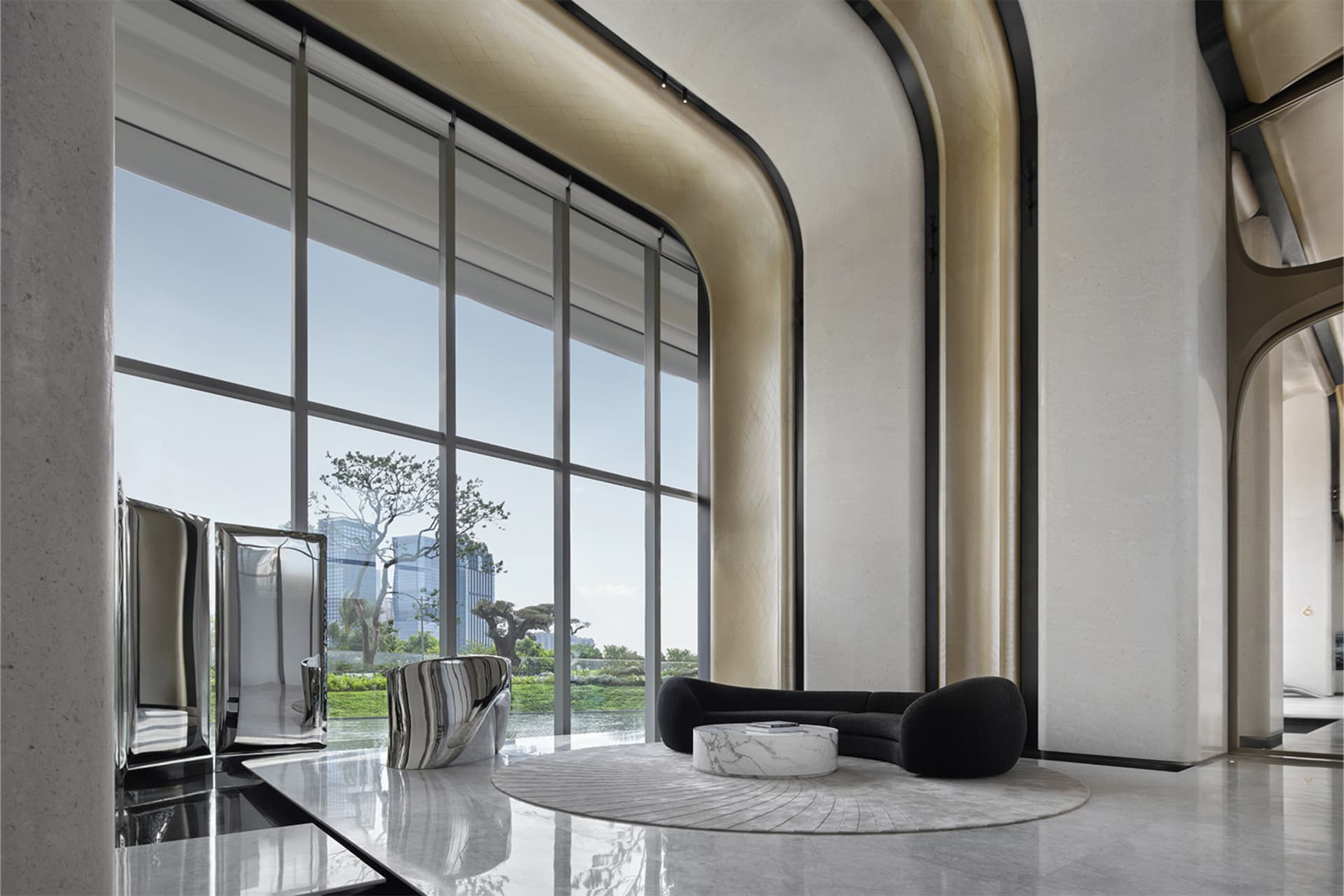 A modern interior space featuring luxurious marble and concrete materials.