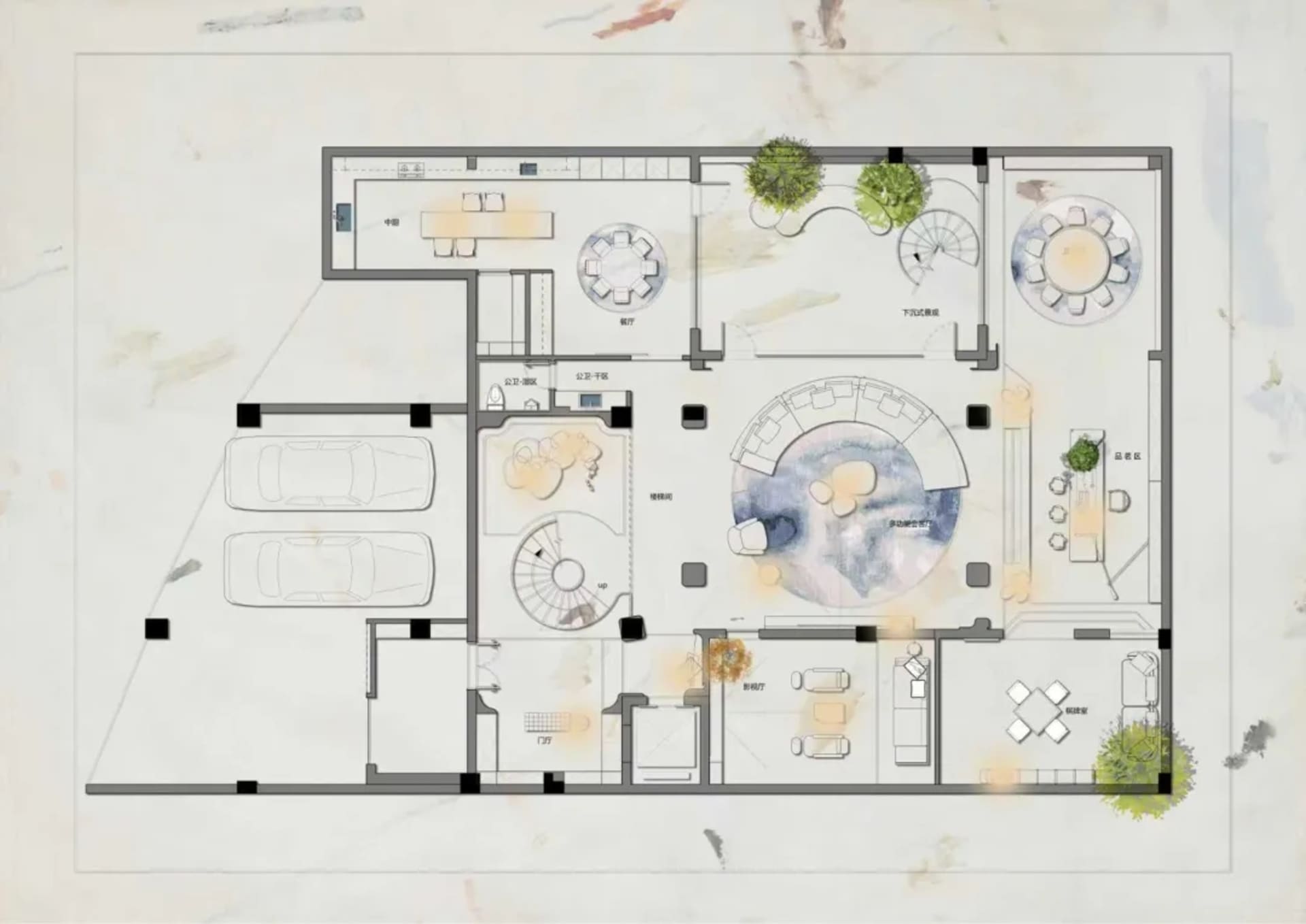Floor plan of an architectural design for a hospitality space