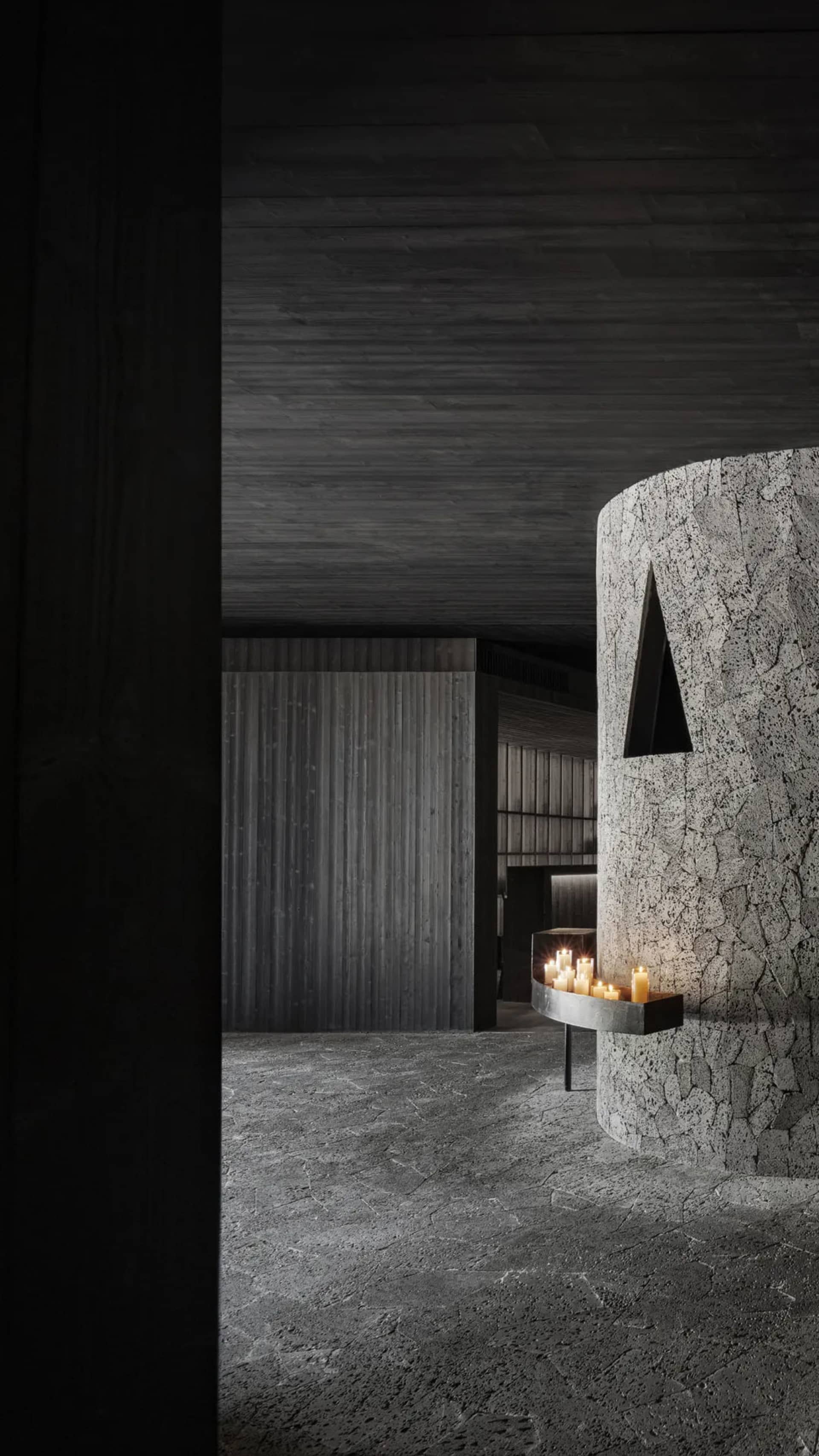 Contemporary commercial interior designed with concrete materials, featuring a modern aesthetic.