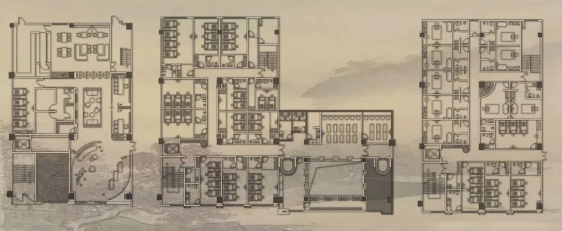 A 2D architectural plan of an office space on paper.