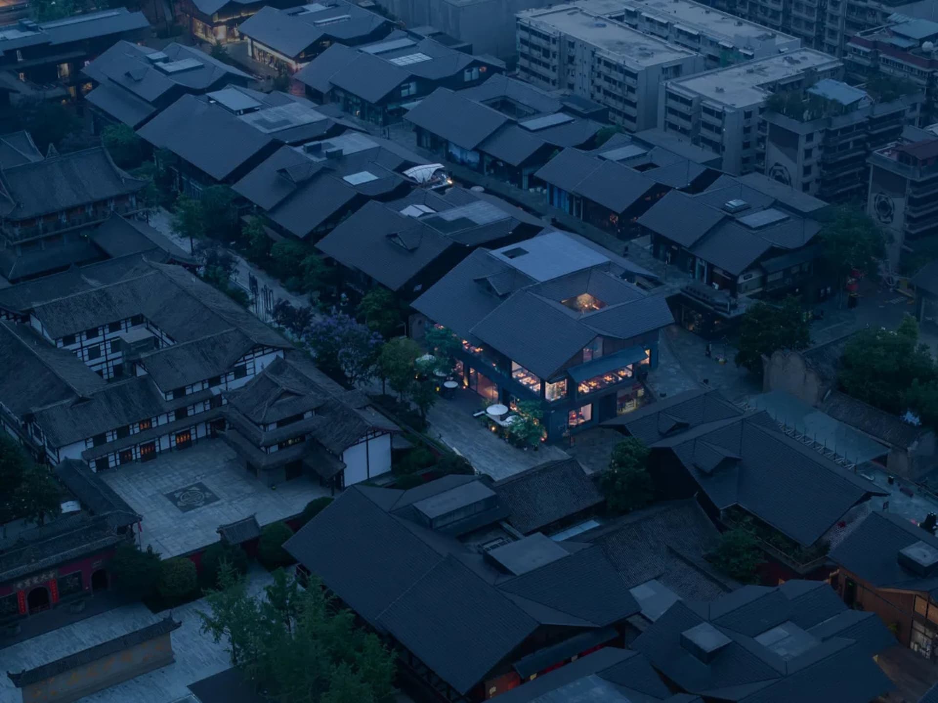 俯瞰傳統城市景觀，呈現瓦片屋頂與木造建築。