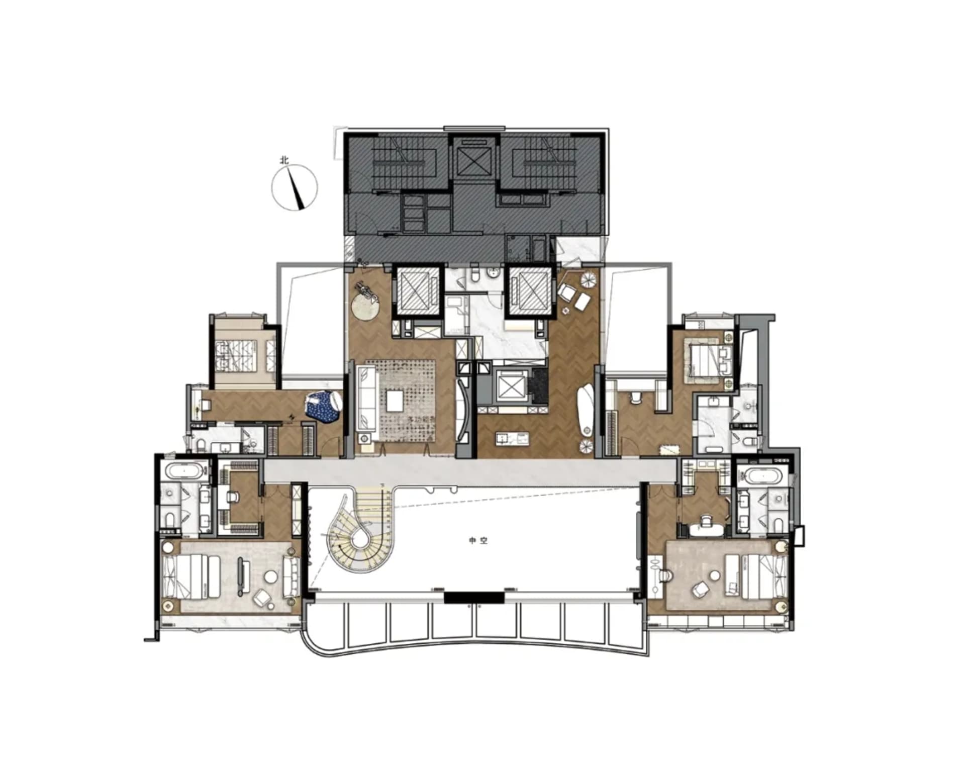 Floor plan of a modern apartment showing living room, kitchen, bedrooms, bathrooms, and balcony.