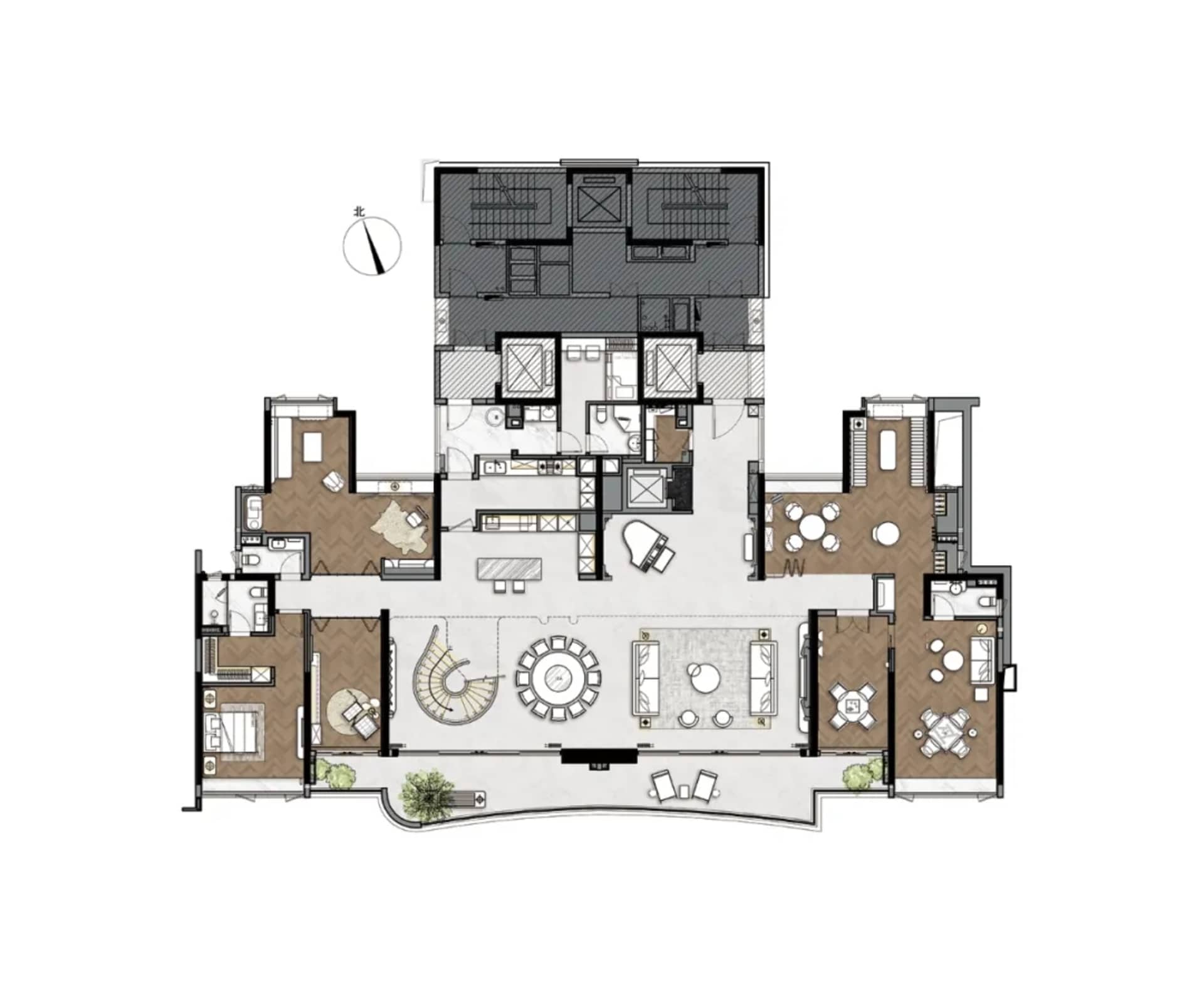 A modern residential apartment floor plan featuring a neutral hues color palette with wood and tile finishes.