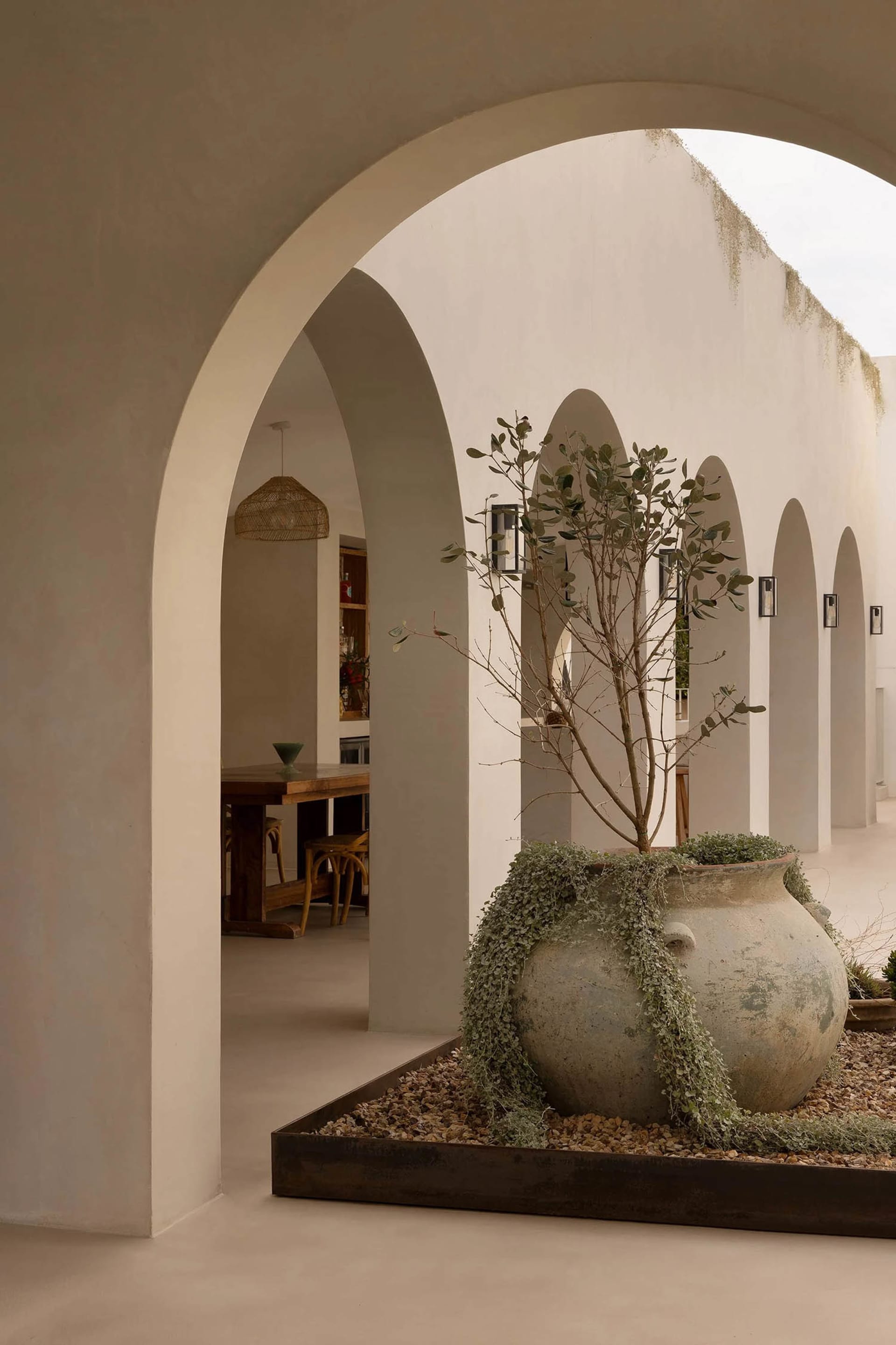 A minimalist interior with a concrete garden space featuring an arched walkway and a large vase with climbing plants.