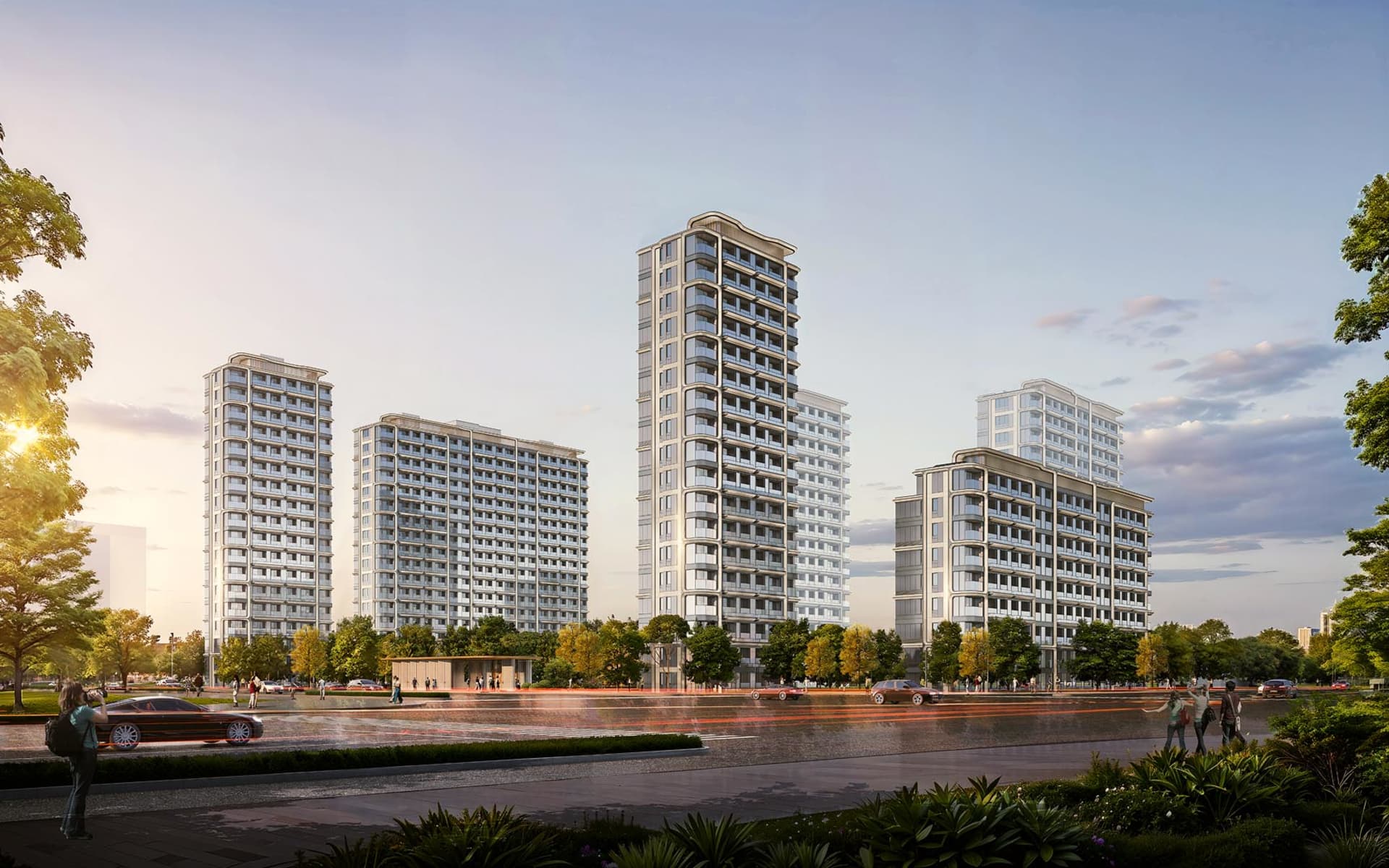 A rendering of modern apartment buildings with a contemporary design.