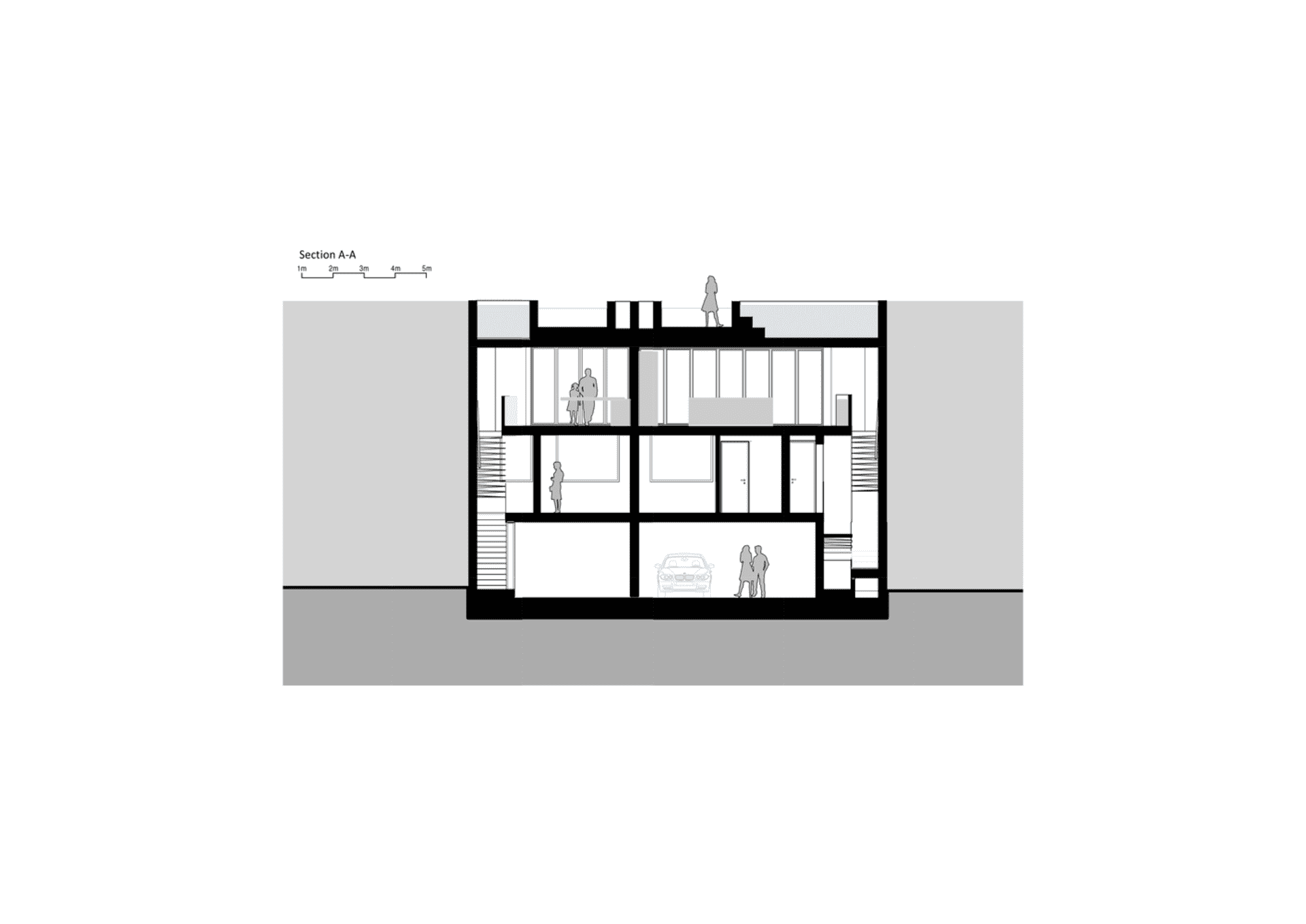 現代住宅A-A剖面,採用混凝土、玻璃與金屬材質。