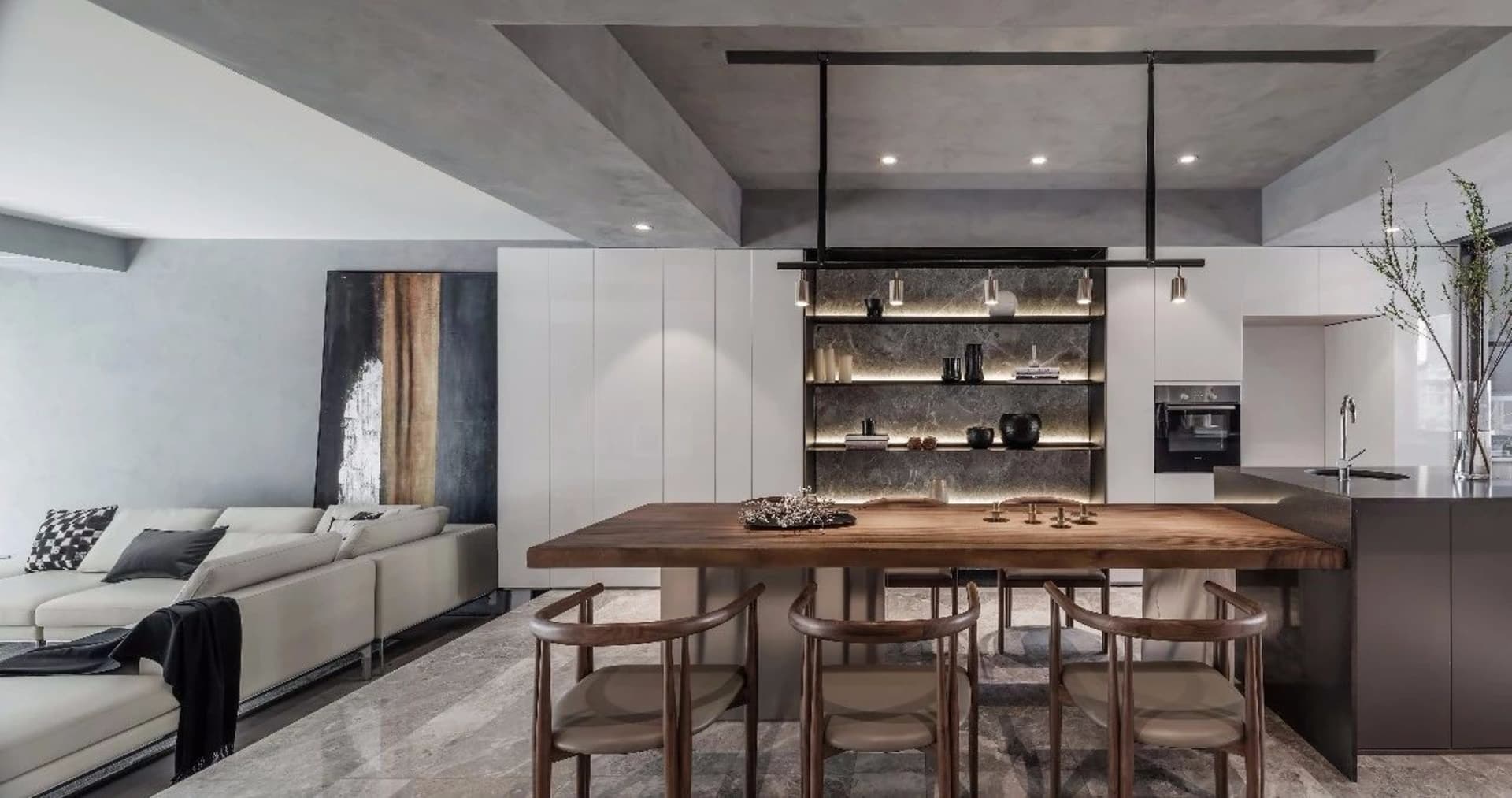 Modern living room featuring a concrete ceiling and marble floor