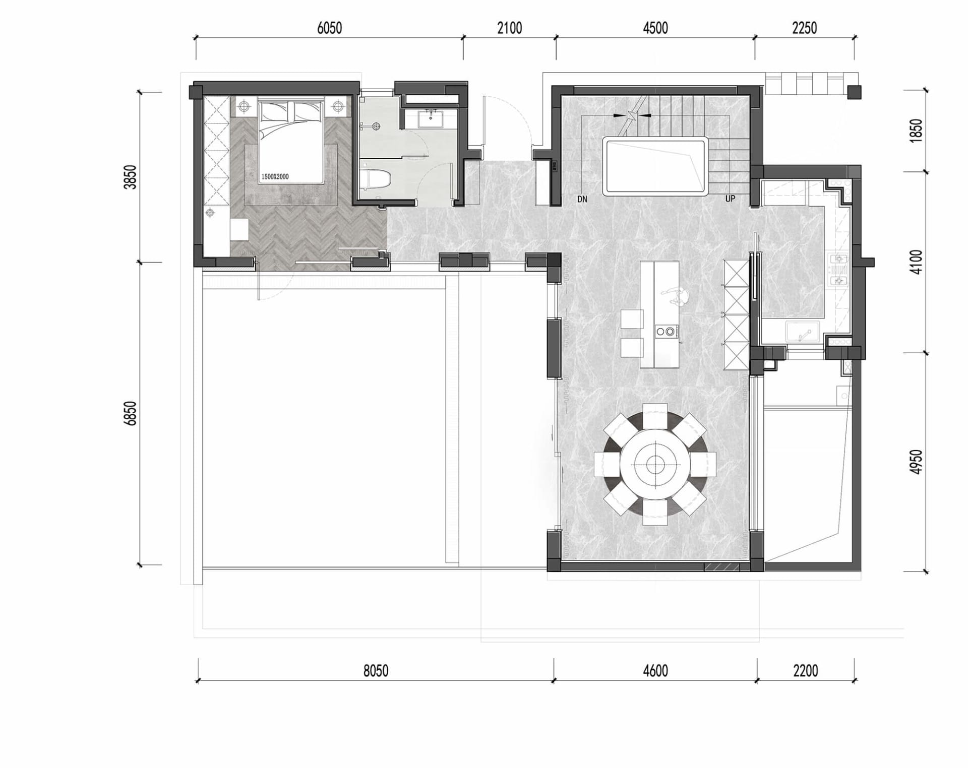 2D architectural drawing of a modern residential space featuring marble flooring and minimalist interiors.