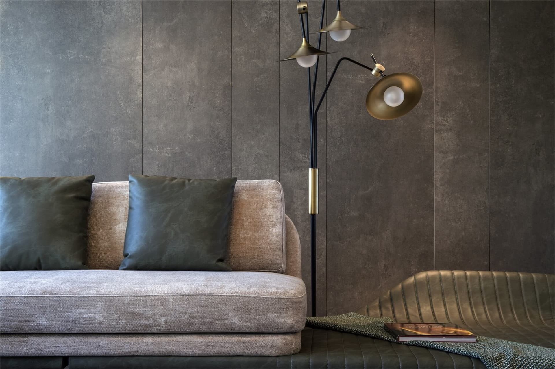 Minimalist living room with modern furniture in muted tones, featuring a comfortable sofa with plush cushions and a metallic