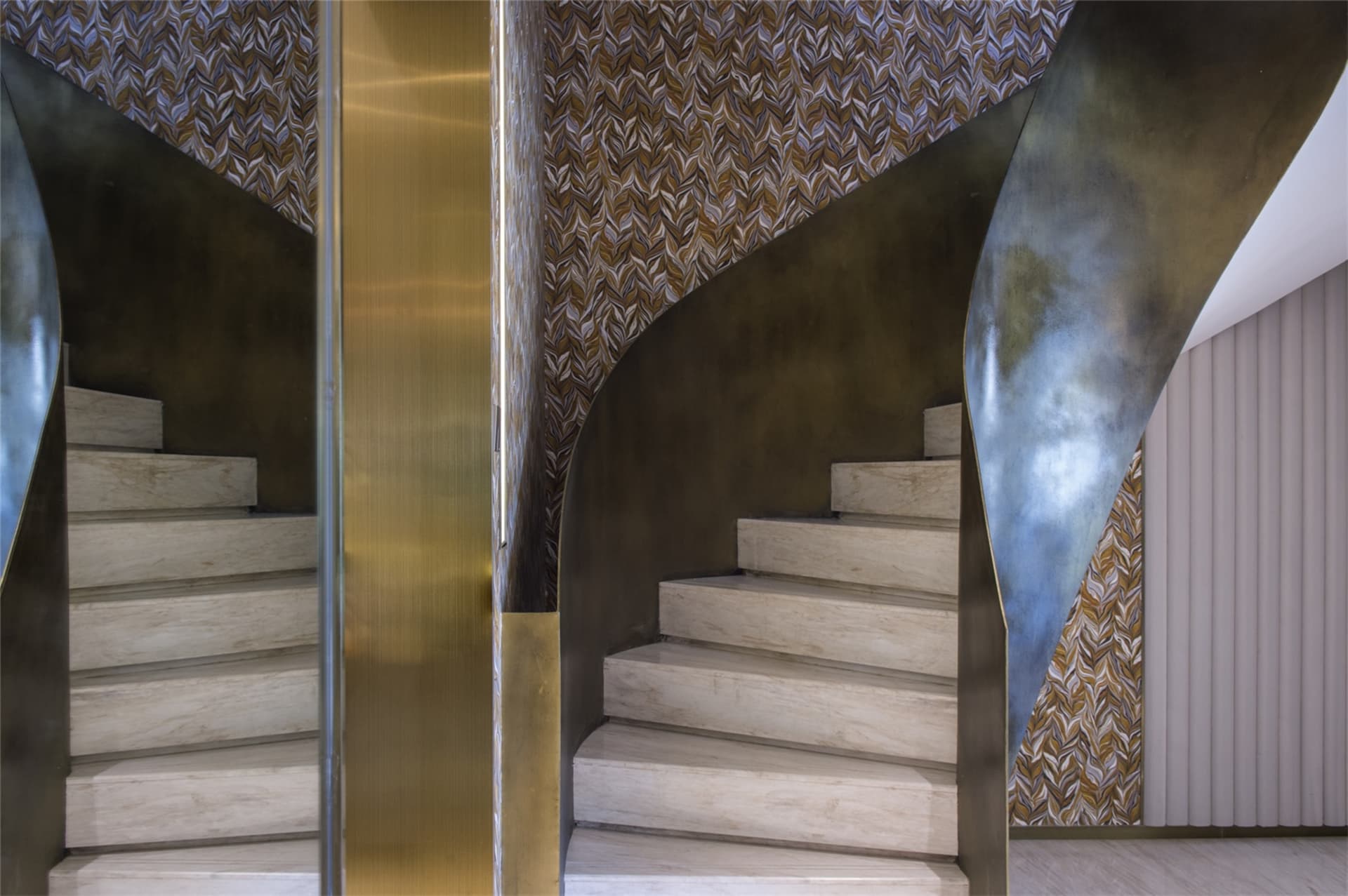 Modern staircase with a wooden texture in a contemporary interior design setting.