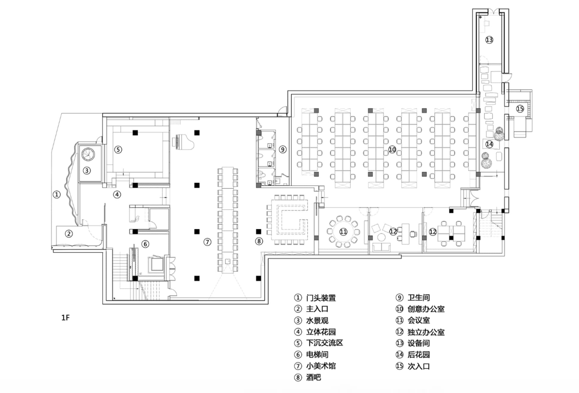 餐廳室內的2D建築圖,展示各功能區域與家具配置。