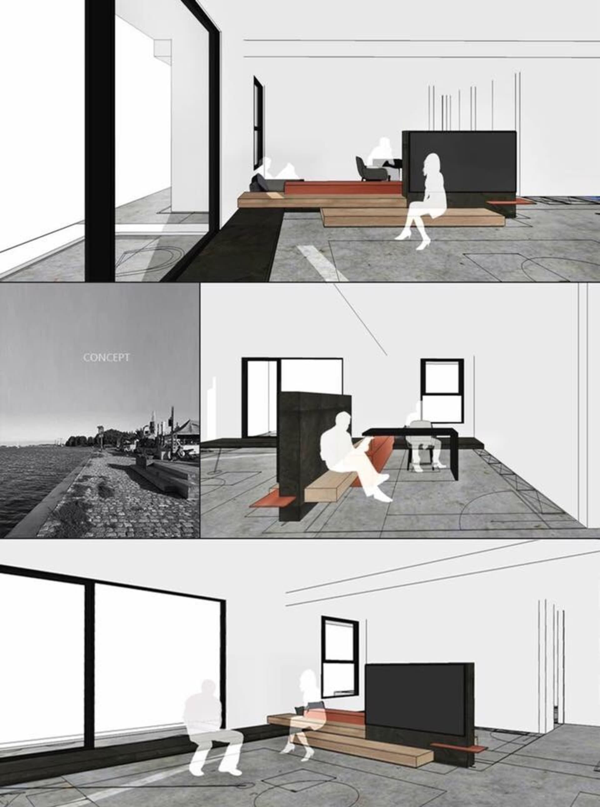 A minimalist living room with wood flooring and furniture.