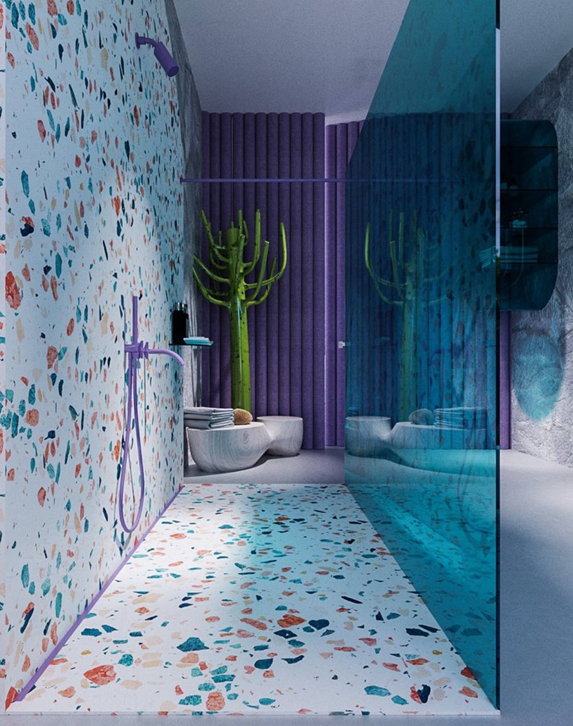 Modern bathroom featuring colorful terrazzo flooring and a purple shower head.