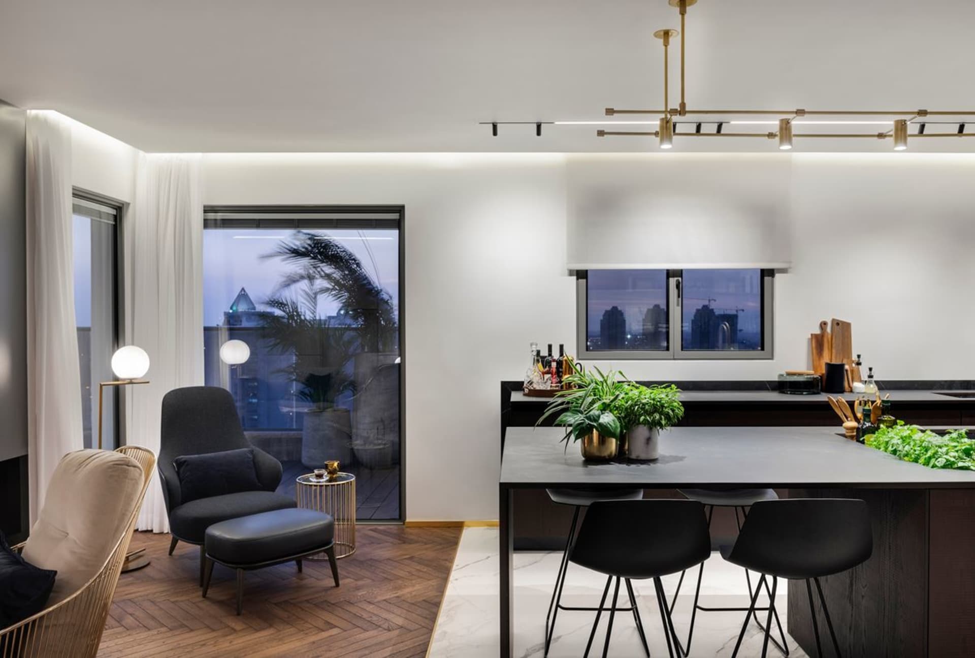 A modern residential interior with a combination of white and wood materials.