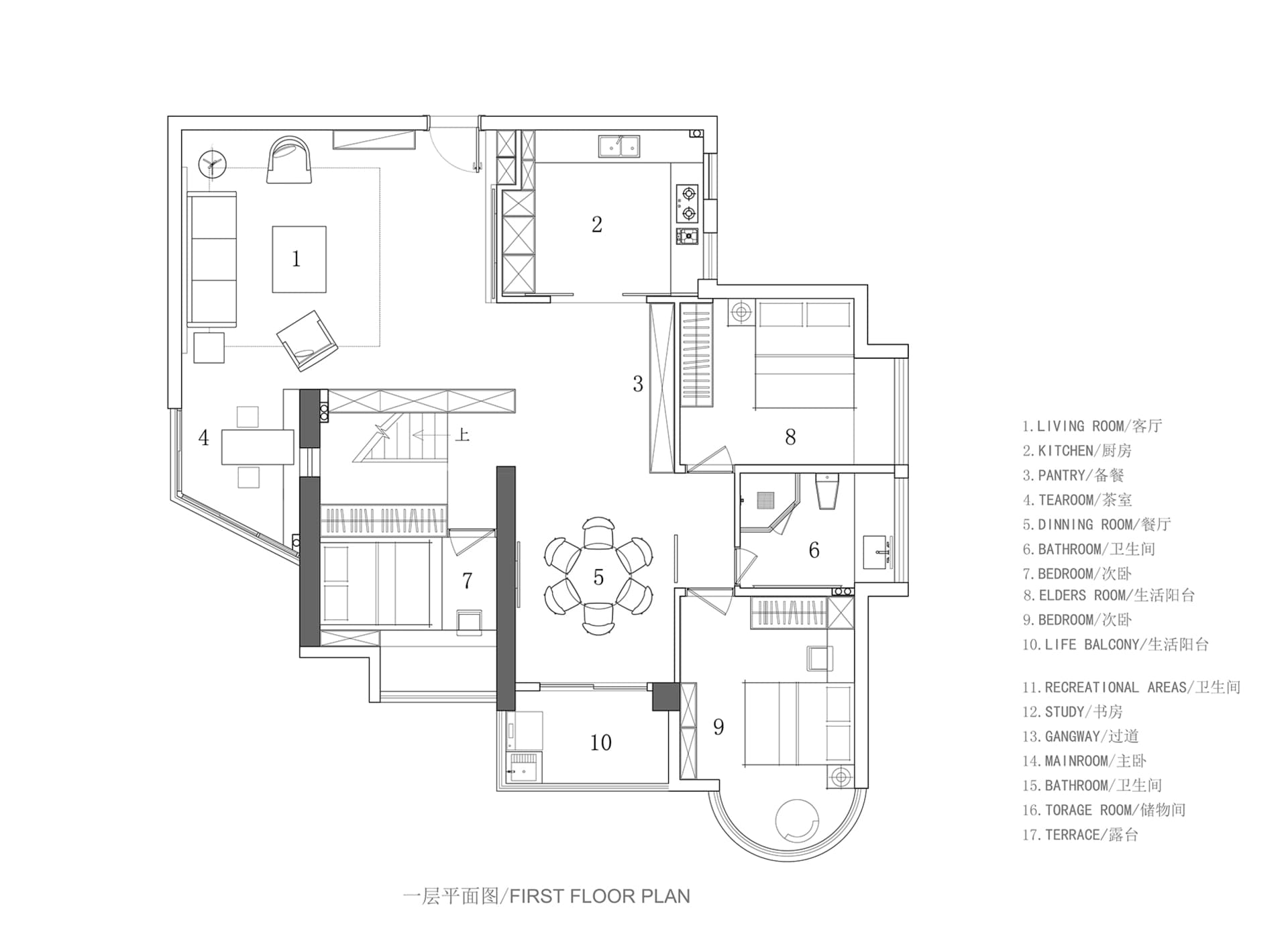 一張詳細的現代住宅平面圖2D建築繪圖,以白色和黑色呈現各房間及其配置