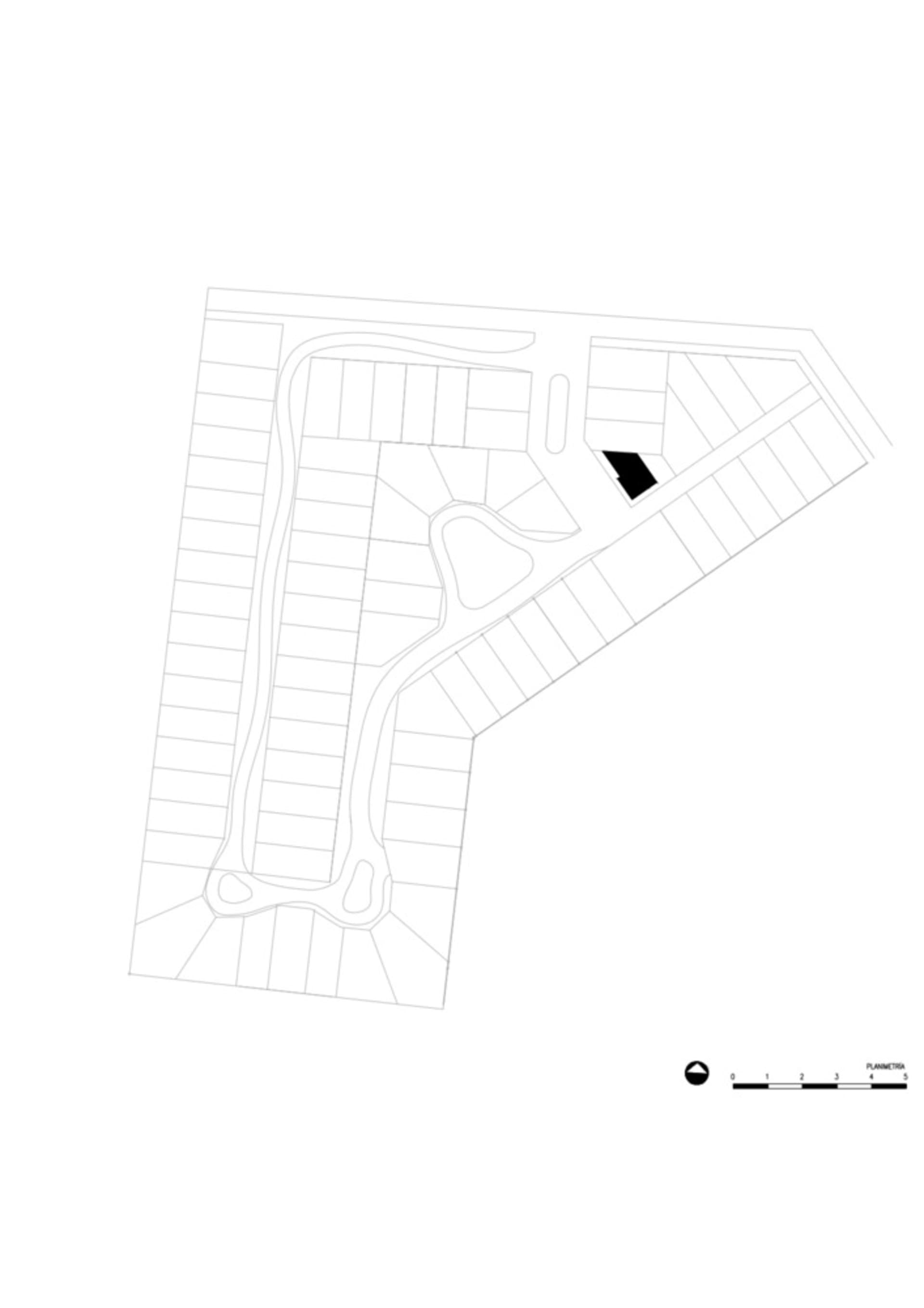 A black and white architectural site plan with scale and directional compass.