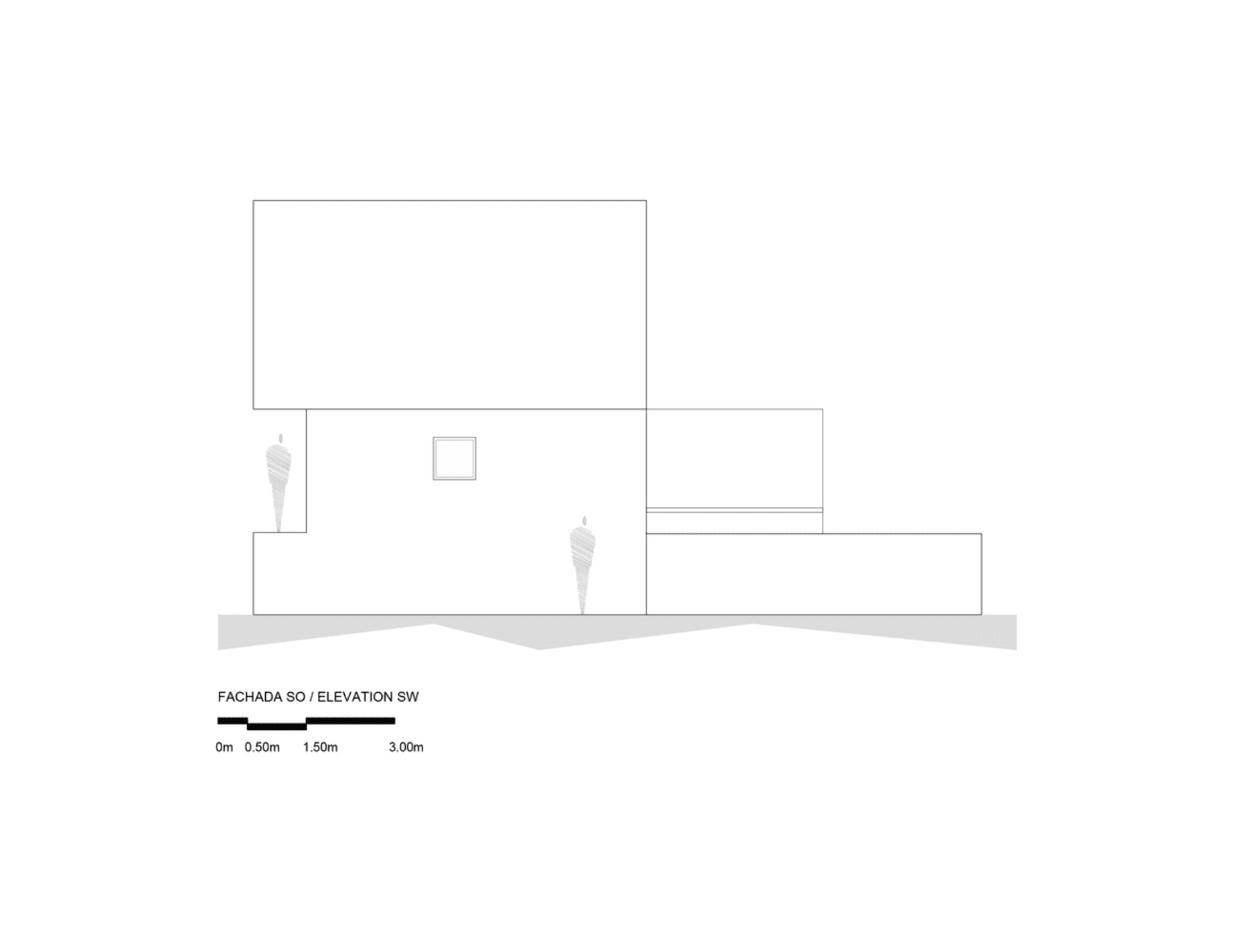 現代建築立面圖，採用鋼材材質。