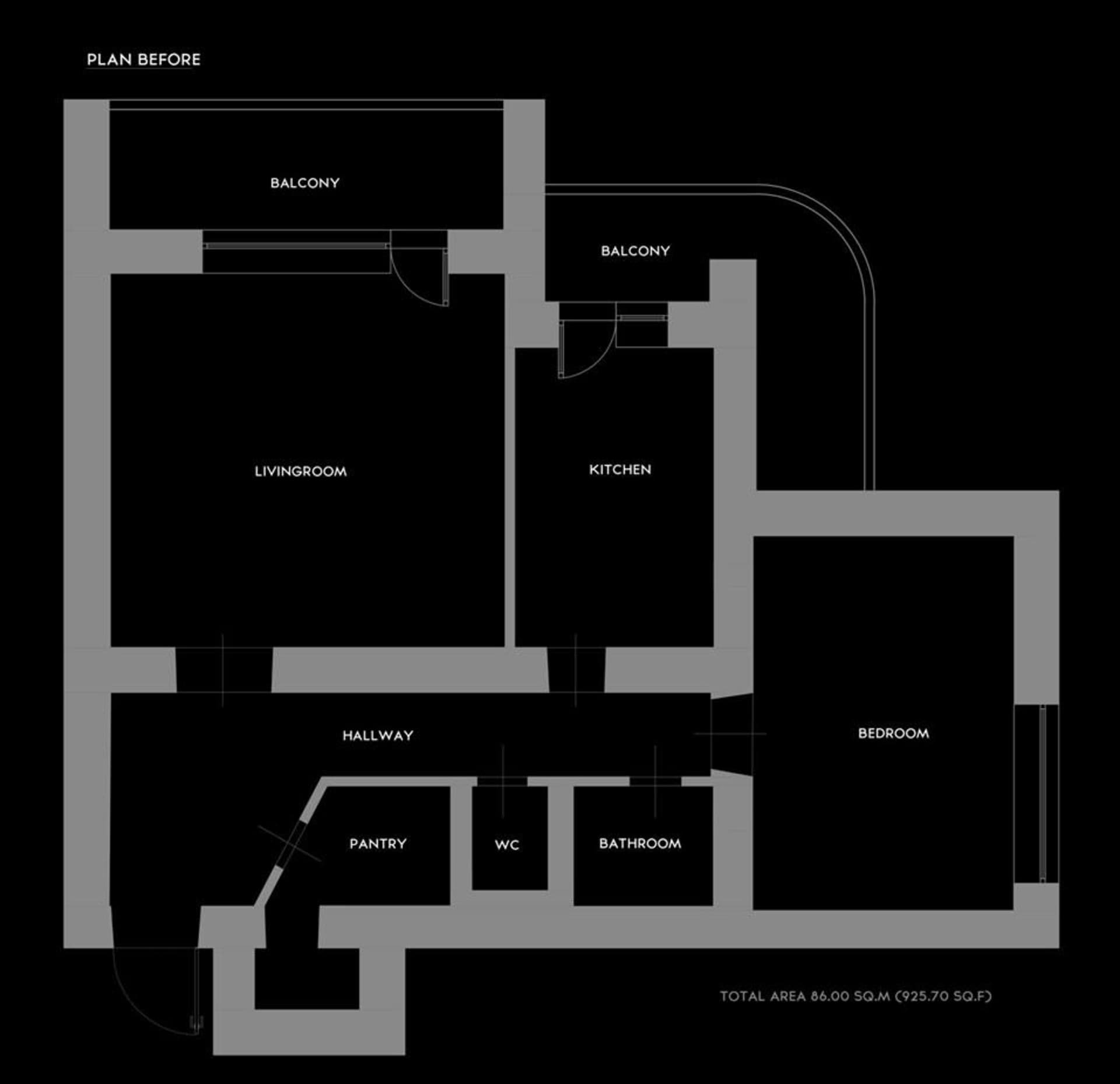 An interior design floor plan showing a modern living room, kitchen, bedroom, bathroom, pantry, WC, and hallway with balconie