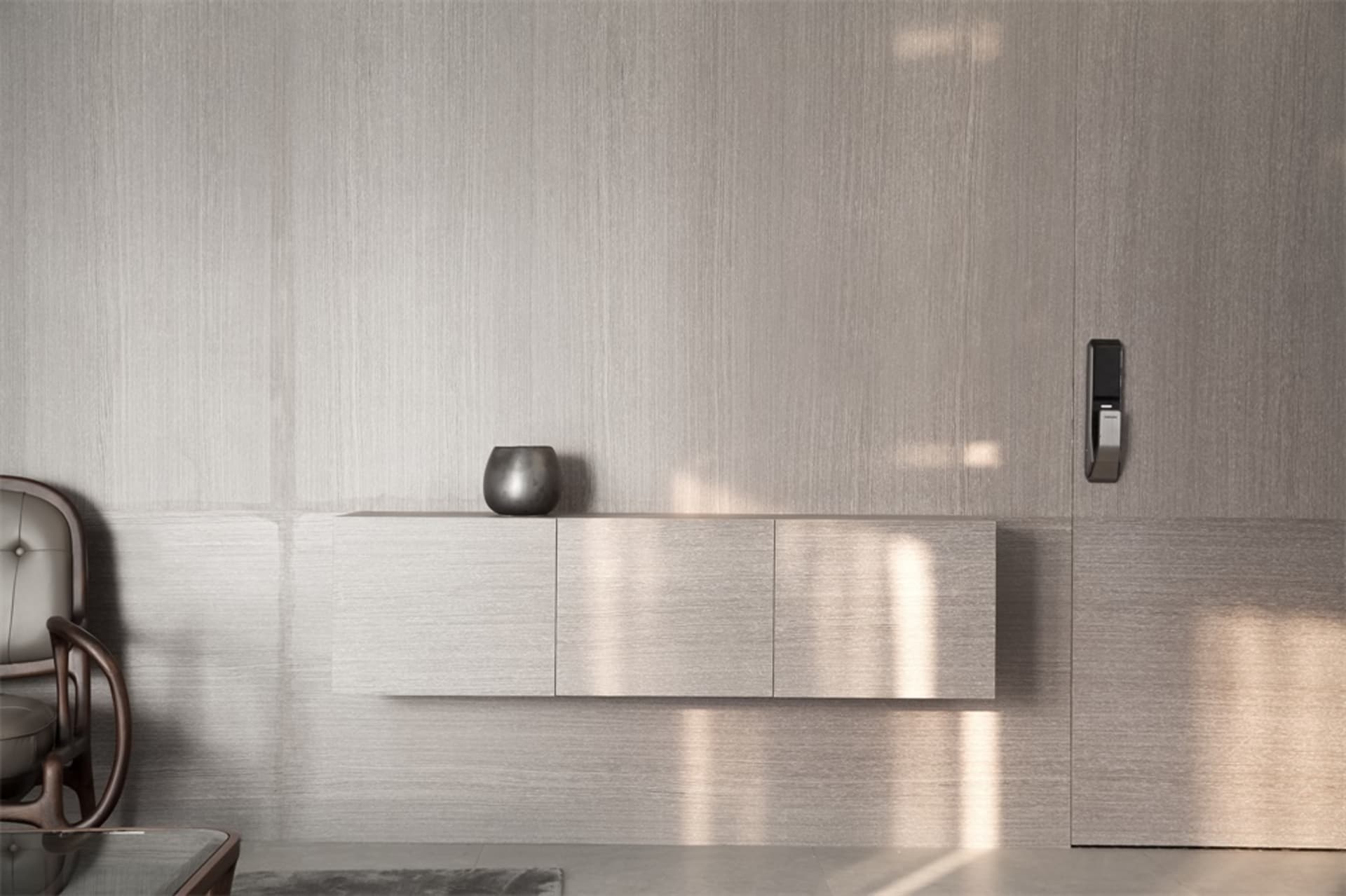 A modern minimalist living room with a light-colored wooden cabinet and a vase on top.