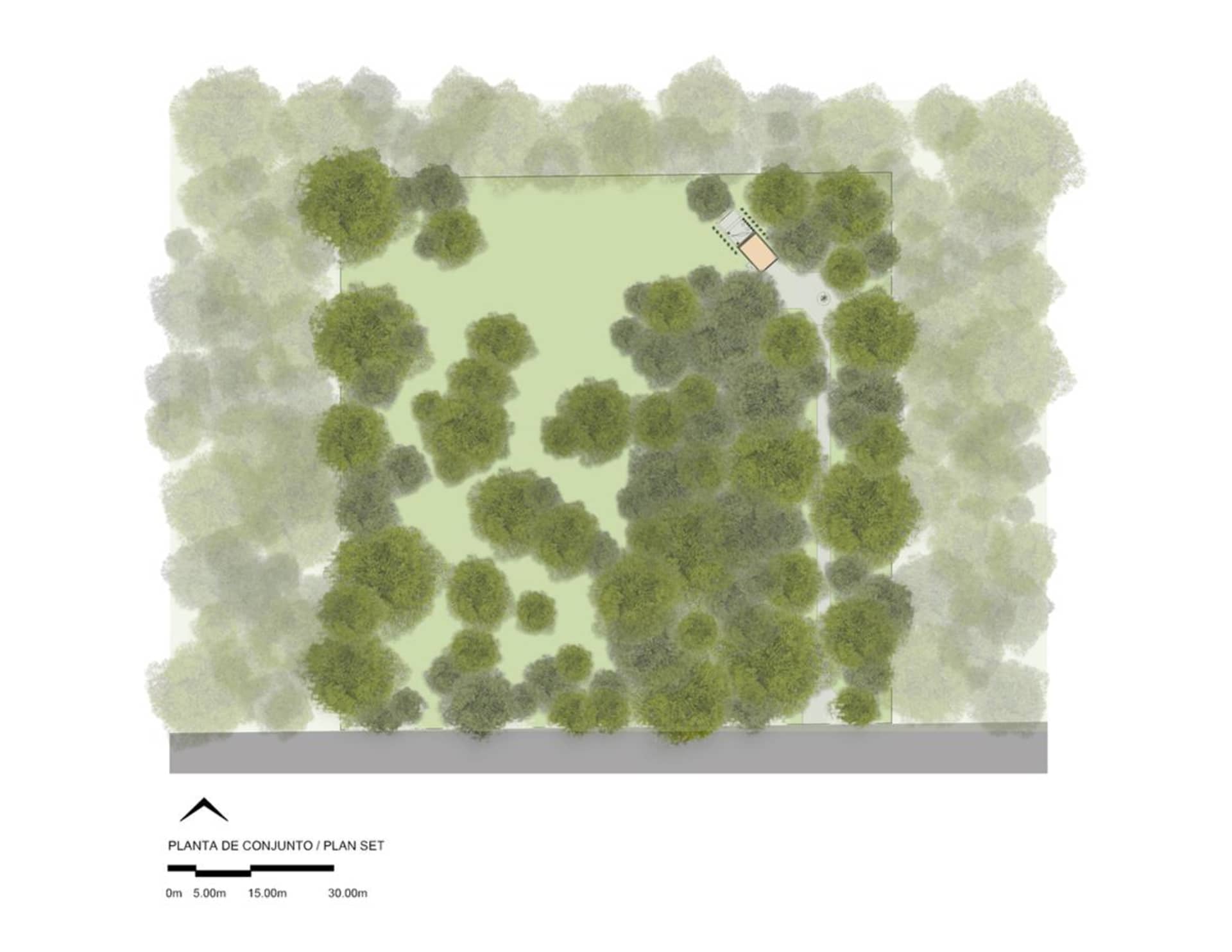 Landscape park layout with green space surrounded by trees