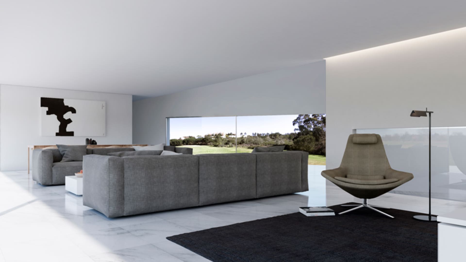 Modern minimalist living room with large window, grey sofa, and marble flooring.