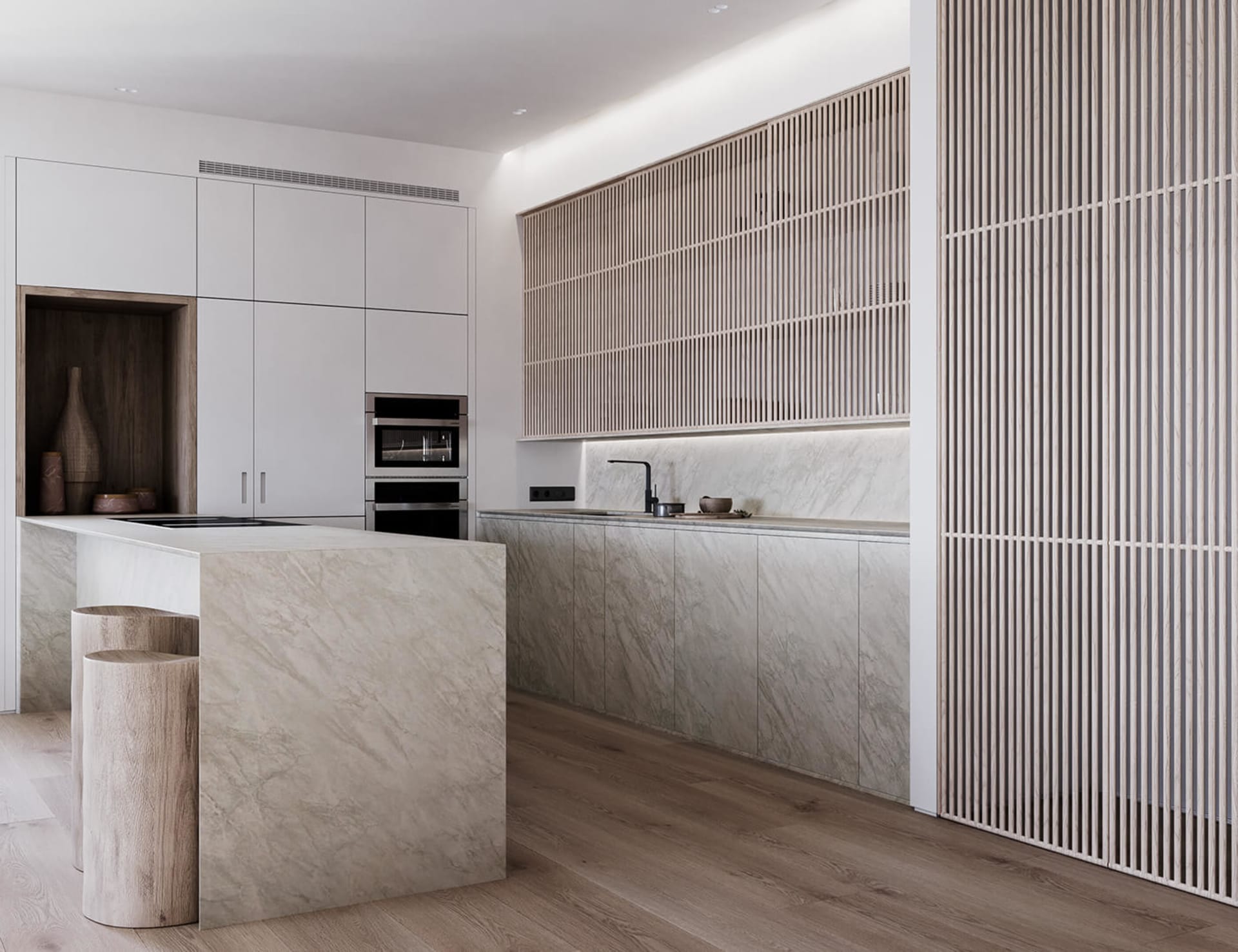 A contemporary kitchen featuring marble countertops and wooden accents