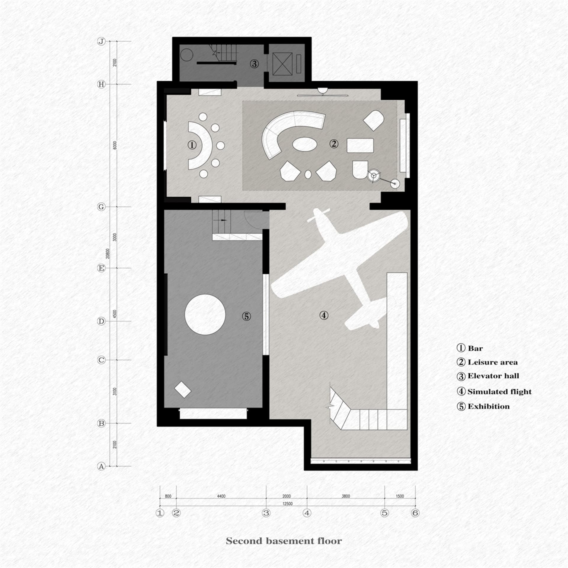 一張細膩的2D建築圖，呈現採用鋼材與玻璃材質的現代辦公室格局。
