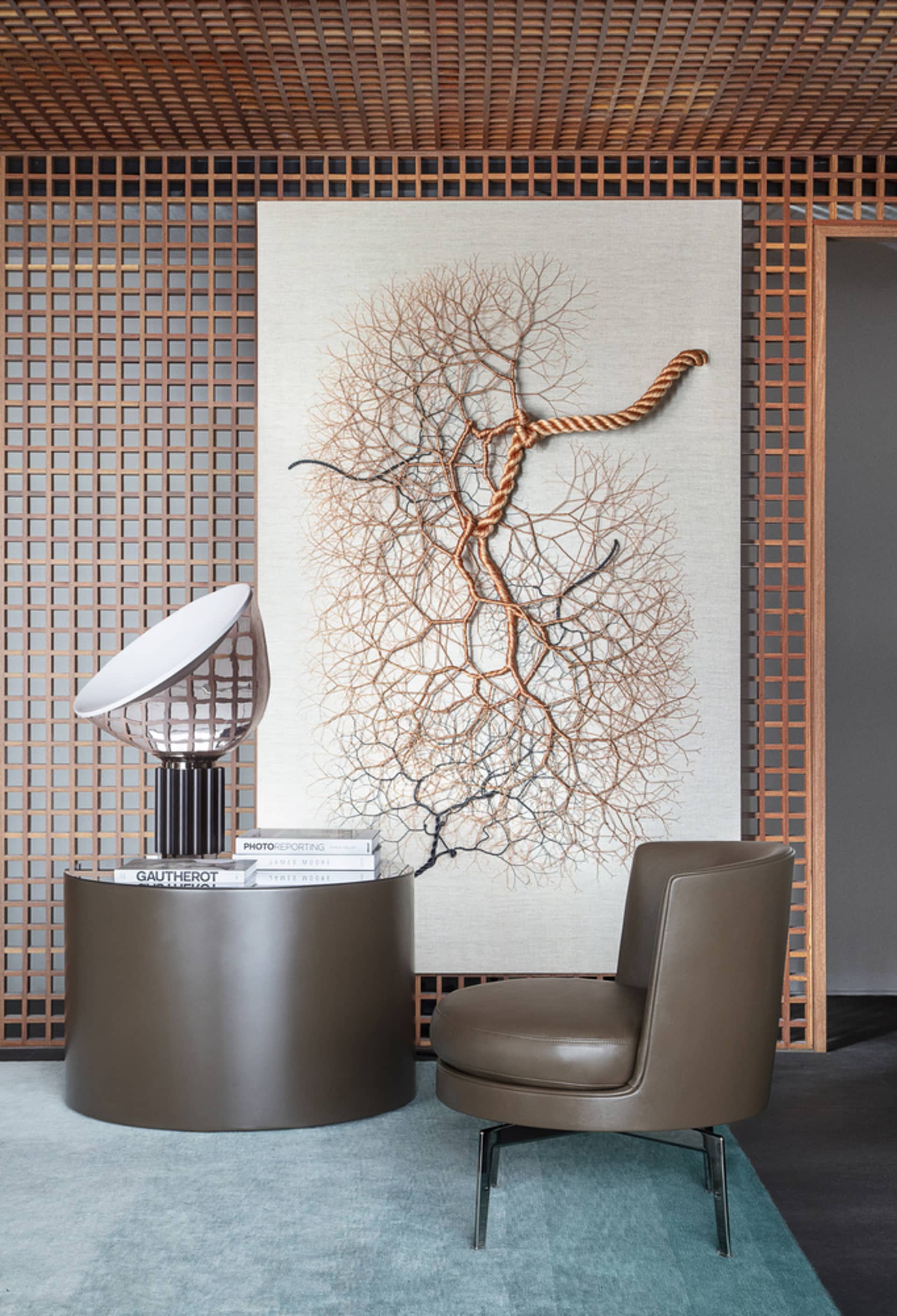 A modern living room featuring a combination of metal and wooden elements.