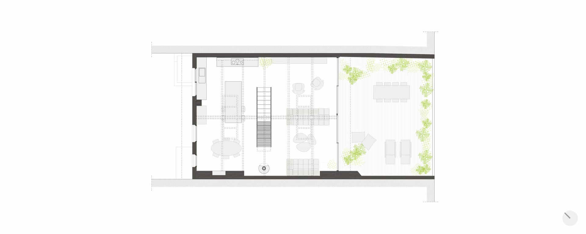 現代客廳平面圖,搭配木質、混凝土與綠意植栽。