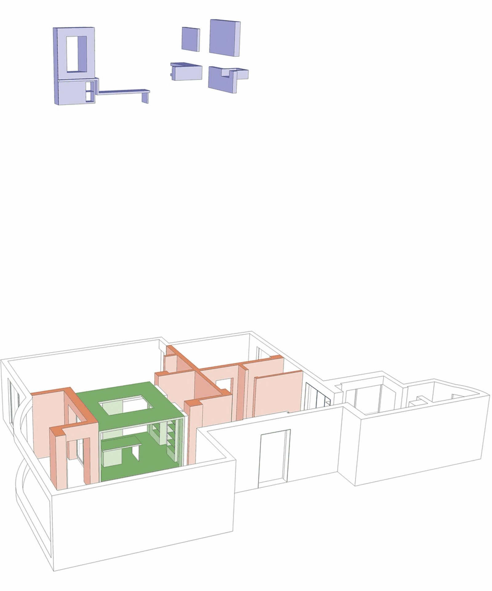 A modern penthouse apartment shown in a rendering with minimalist design and an open-plan layout.