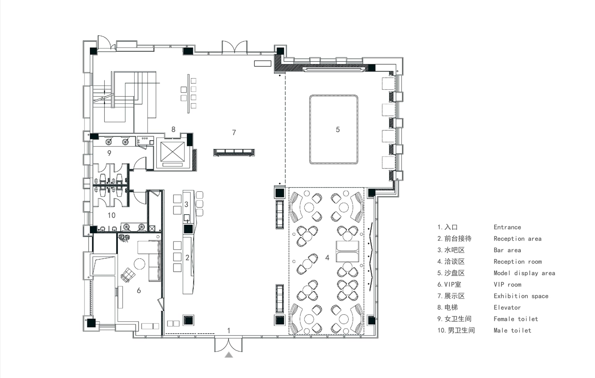 一張詳細的建築平面圖,展示辦公空間的配置,包括功能區域與結構元素。