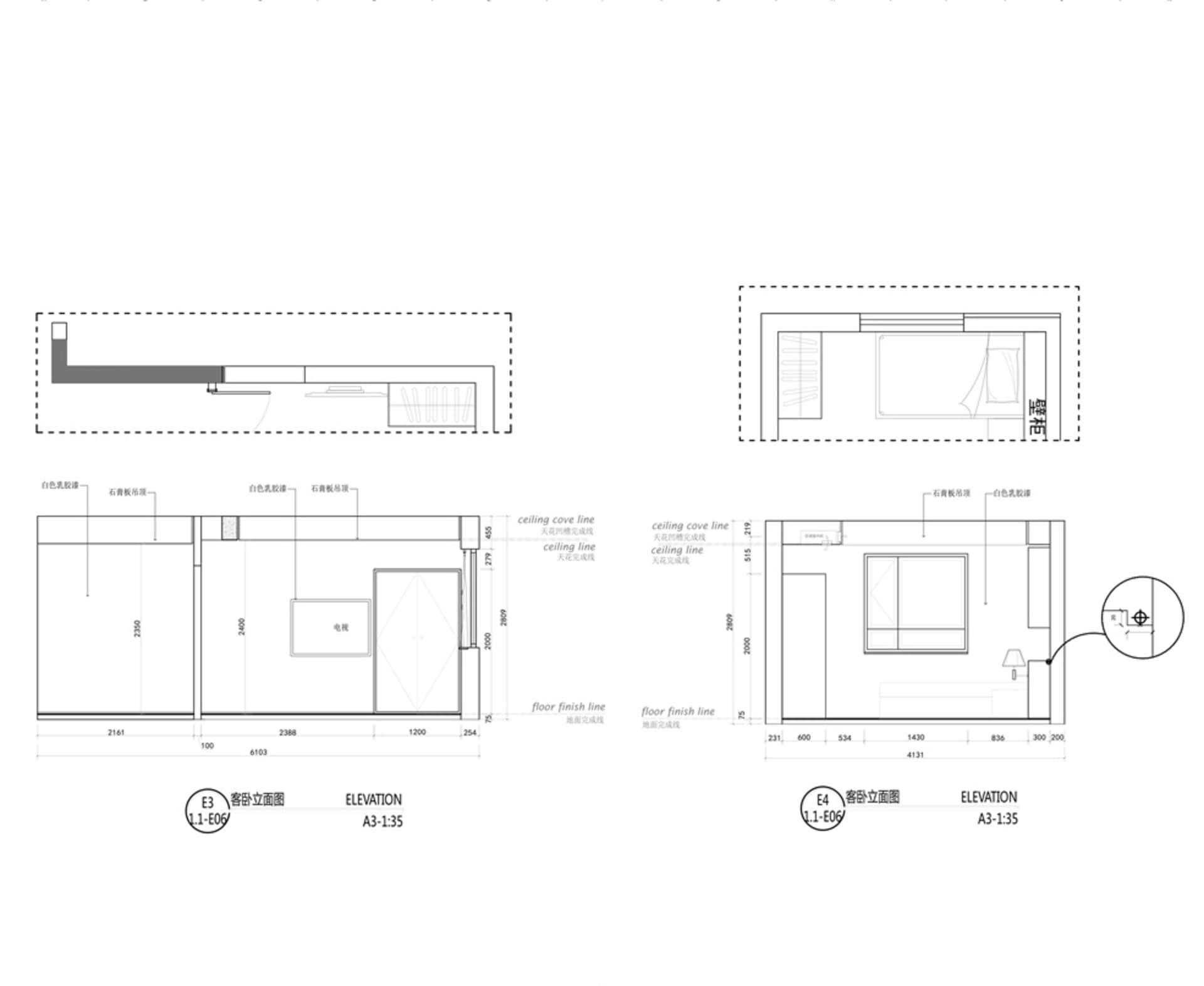 Minimalist bedroom layout with textual and graphical elements, including furniture and dimensions.